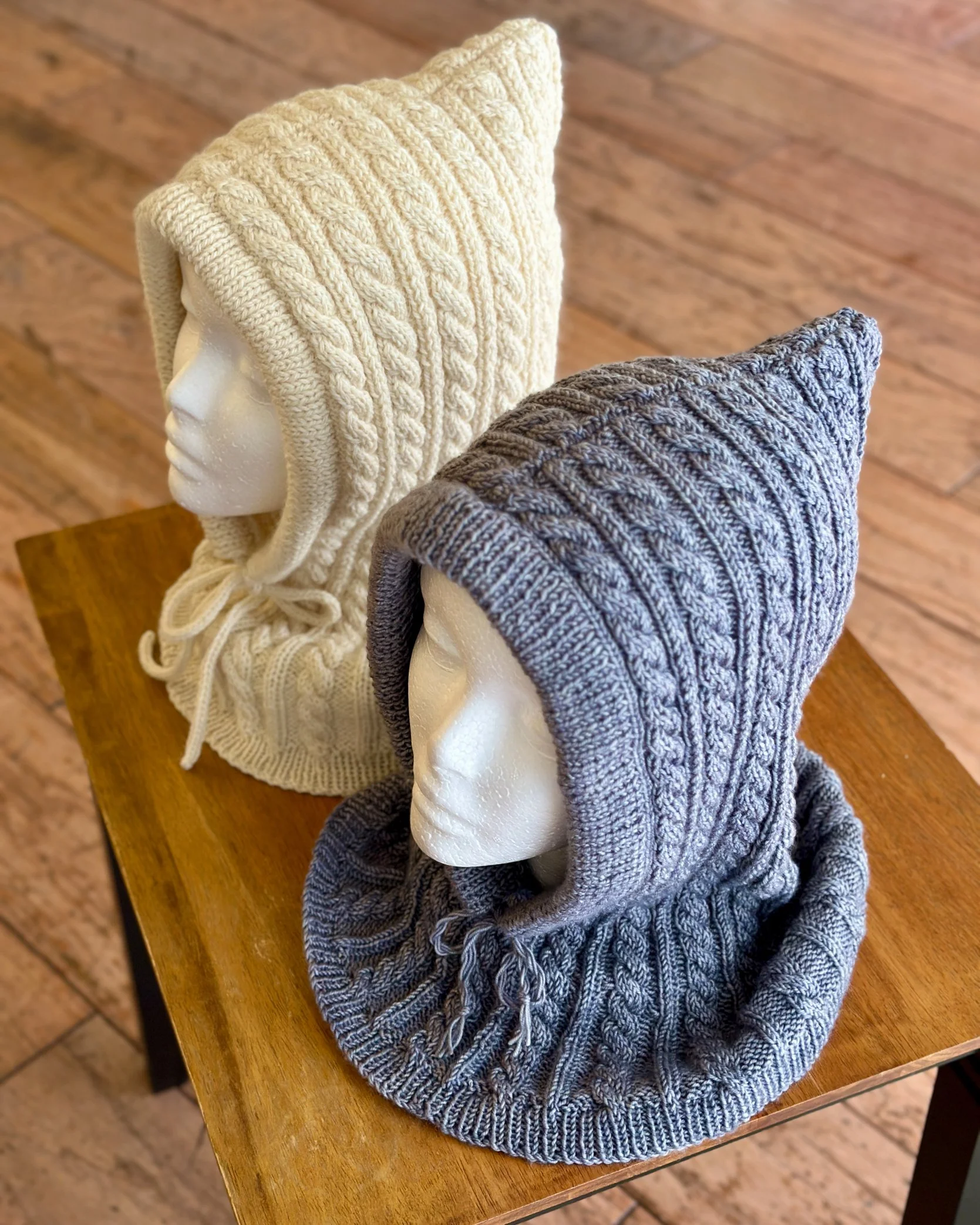 Tryon Creek Hoodie balaclava with hood up shown in two different yarns.