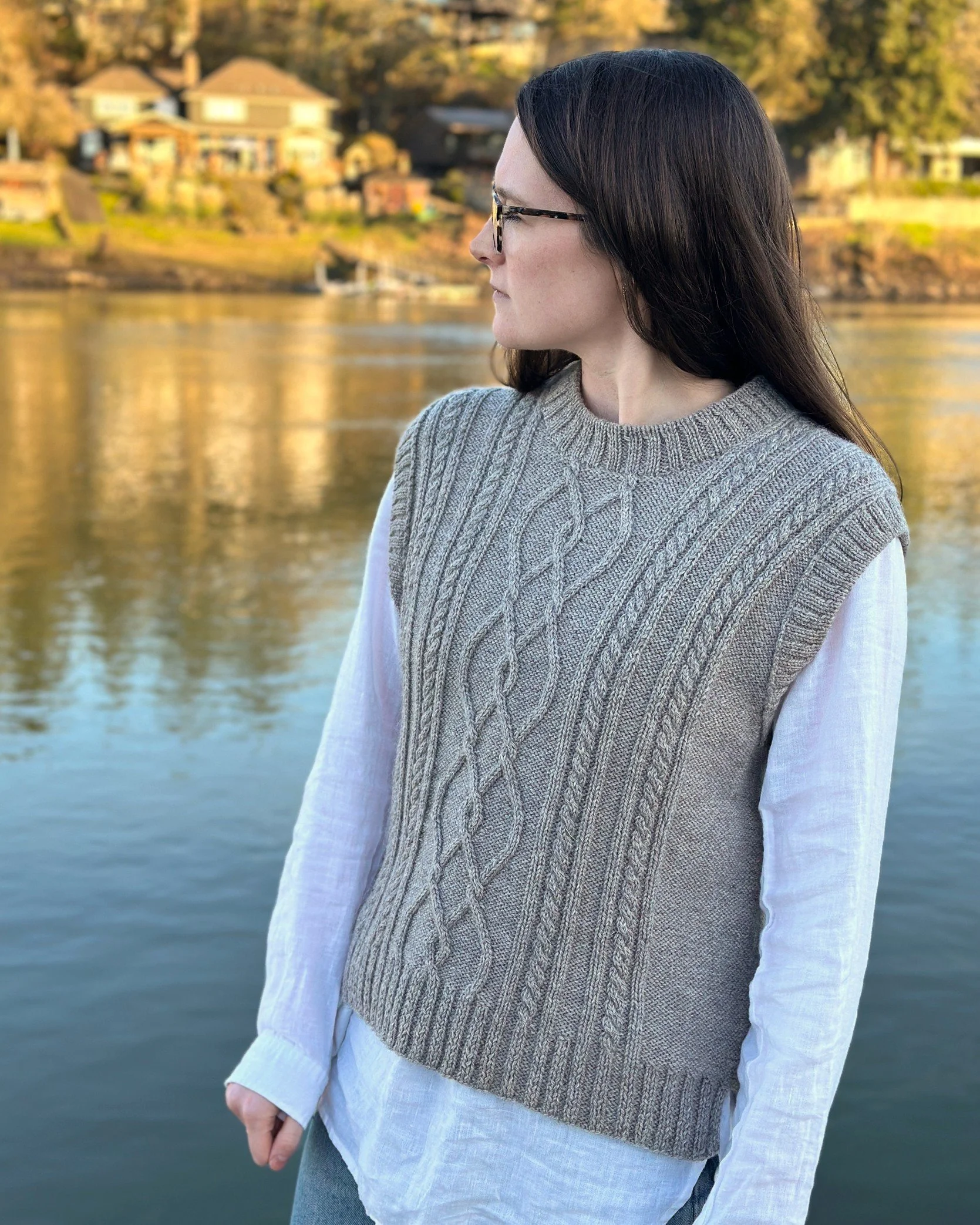 Tryon Creek Vest knit in a gorgeous soft yet rugged yarn by The Fibre Co..