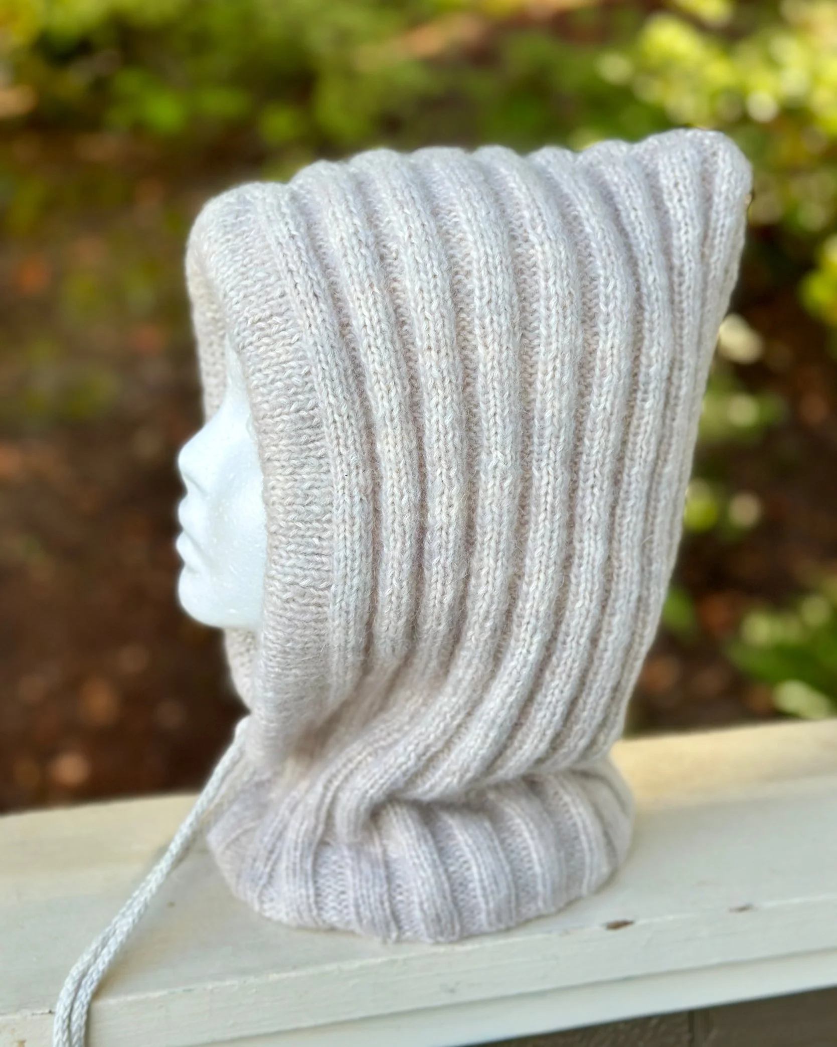 Mt Hood is a ribbed balaclava hoodie knitting pattern with an attached cowl. Choose your tie and your yarn. It's shown here in Miss Babs new Billow yarn.