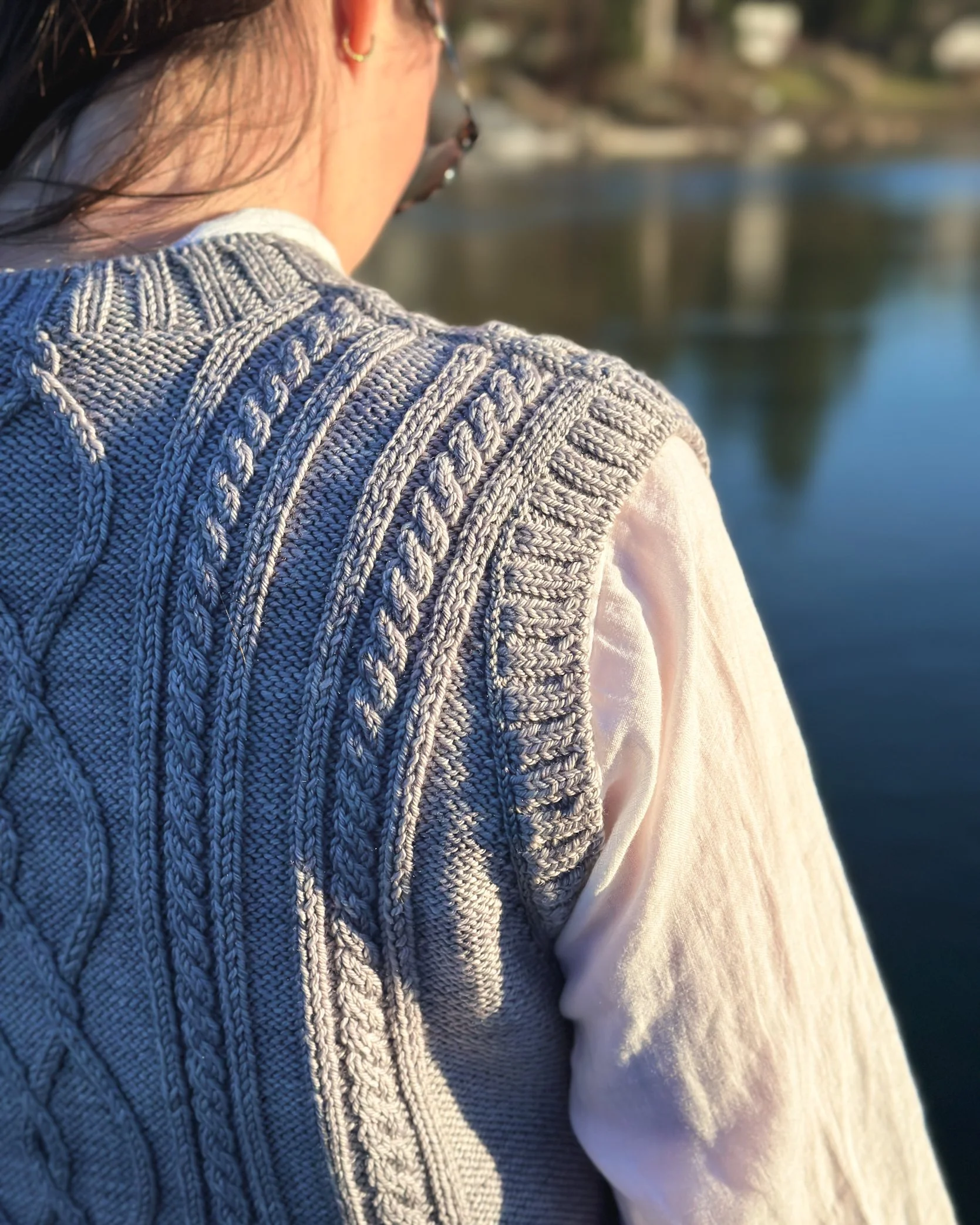 Close up view of the shoulder ribbing and cables on Tryon Creek Vest.