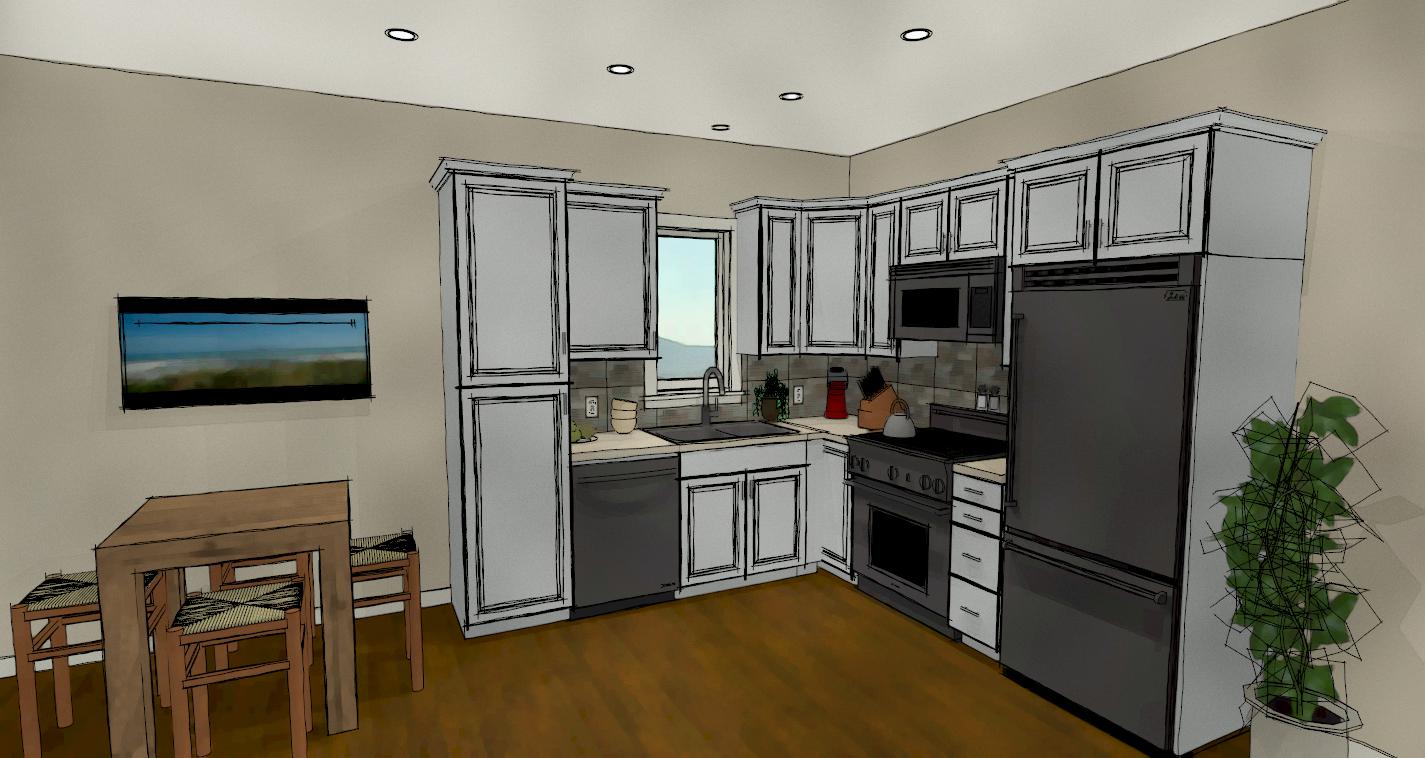 Sketch shows a small Basement Kitchen with White Cabinets and standard appliances