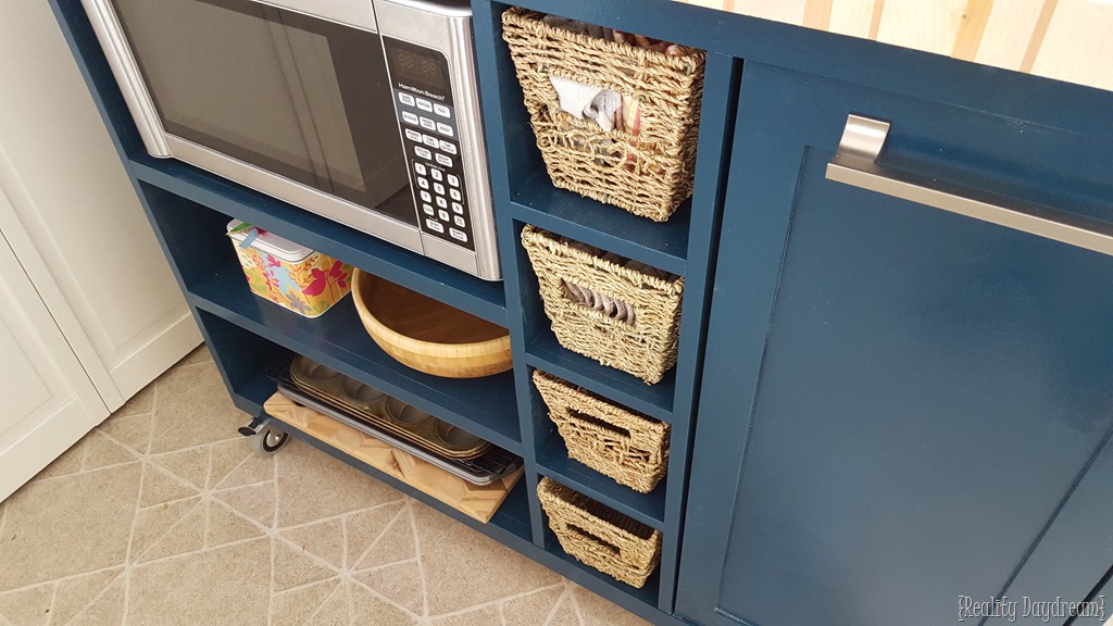 Here the microwave is not built in but loosely placed in the cubby PHOTO CREDIT: REALITY DAYDREAM