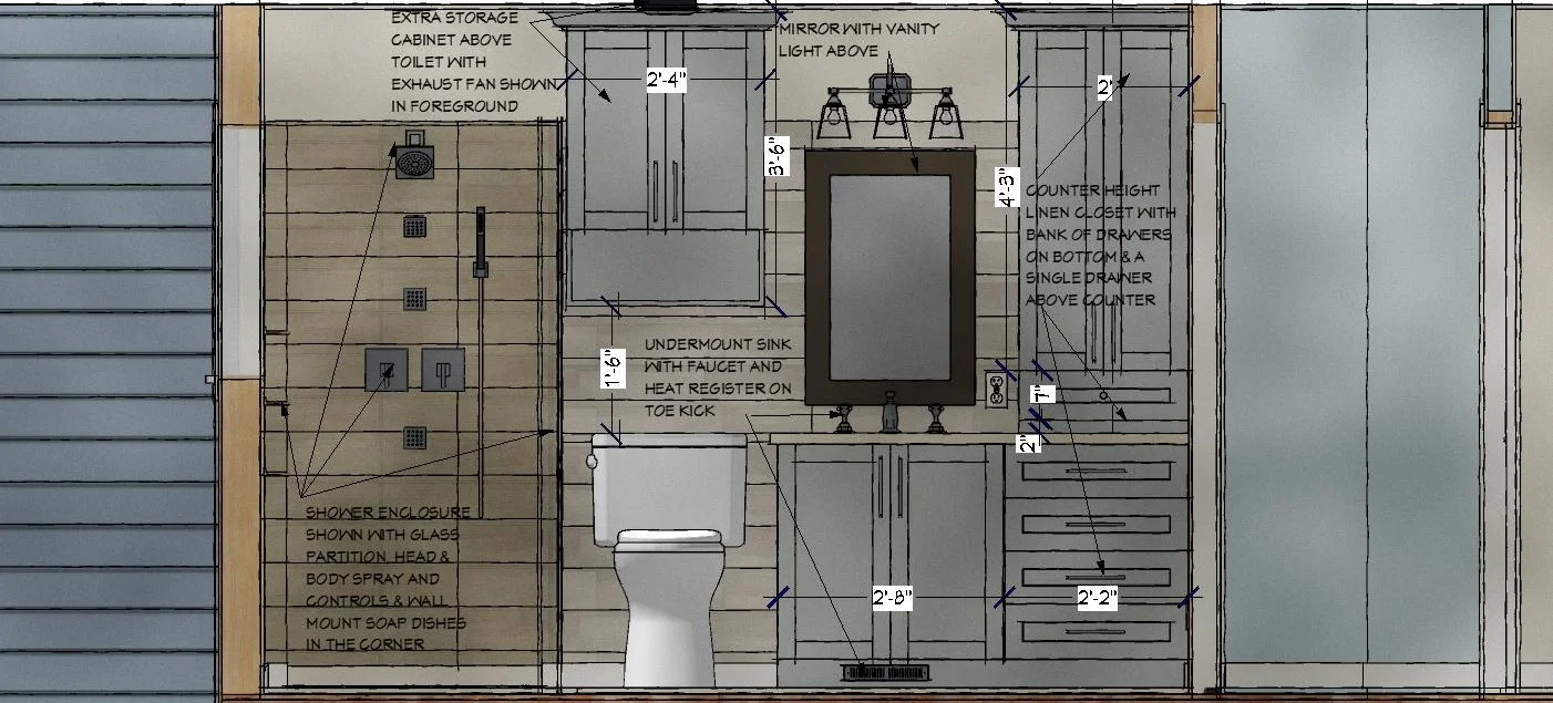 Bathroom Elevation showing Shower Wall & Base Cabinets