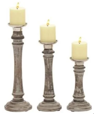 Decmode - Set of Three - 9, 12, and 15 Inch Traditional Turned Wood Candle Holders