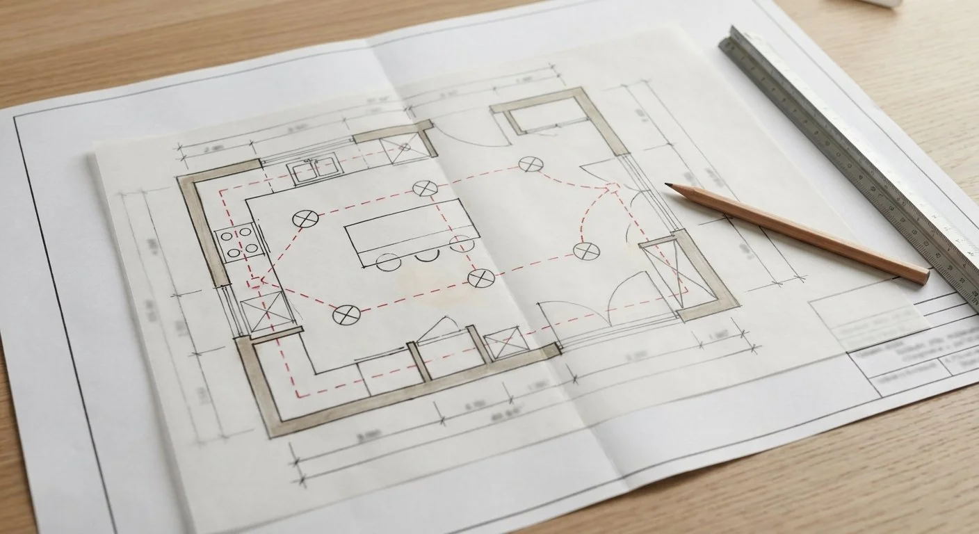 A kitchen renovation floor plan showing lighting and electrical layout, illustrating how decision sequencing, cabinetry, rough-ins, and finishes prevents delays, rework, and costly changes