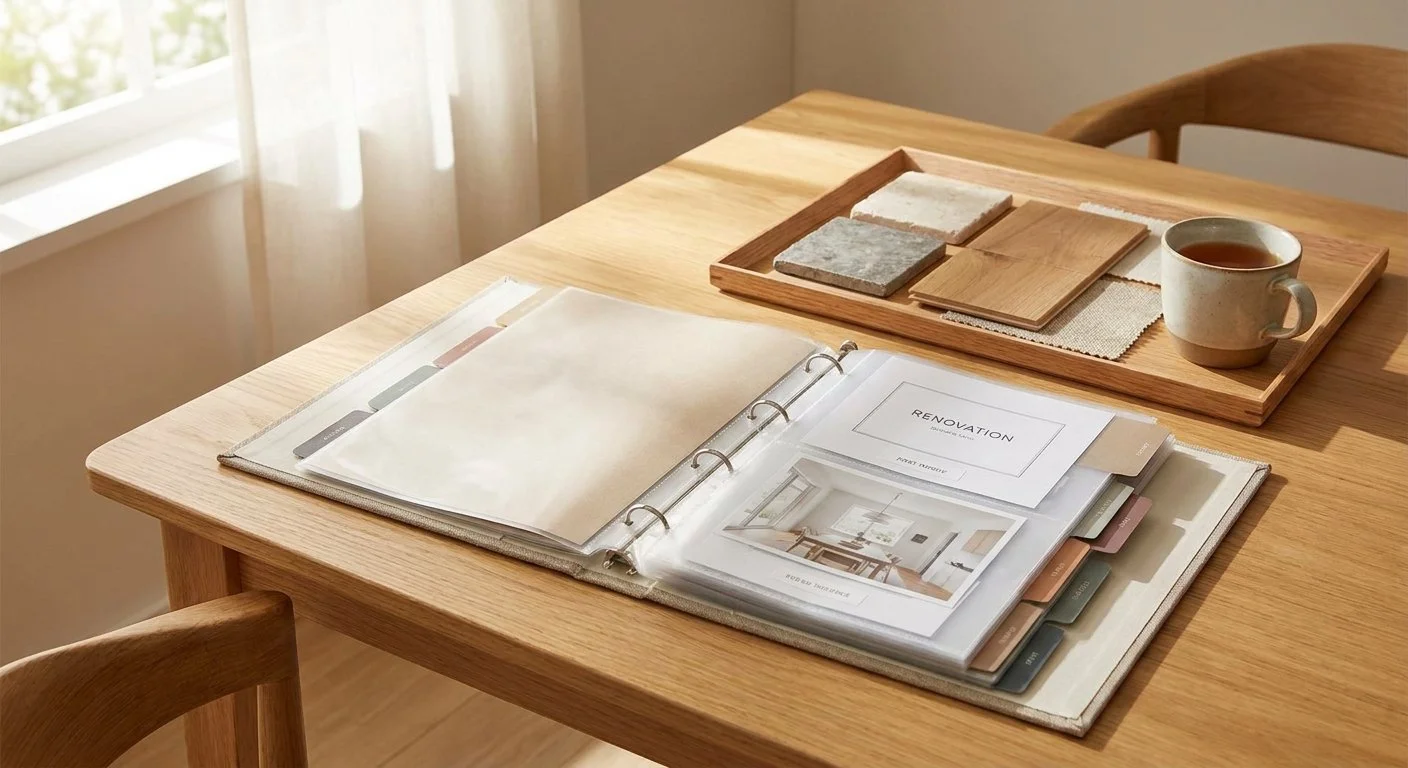 An organized renovation binder and curated material samples in soft morning light, symbolizing clarity after decision fatigue and the calm that comes from making renovation choices in the right sequence