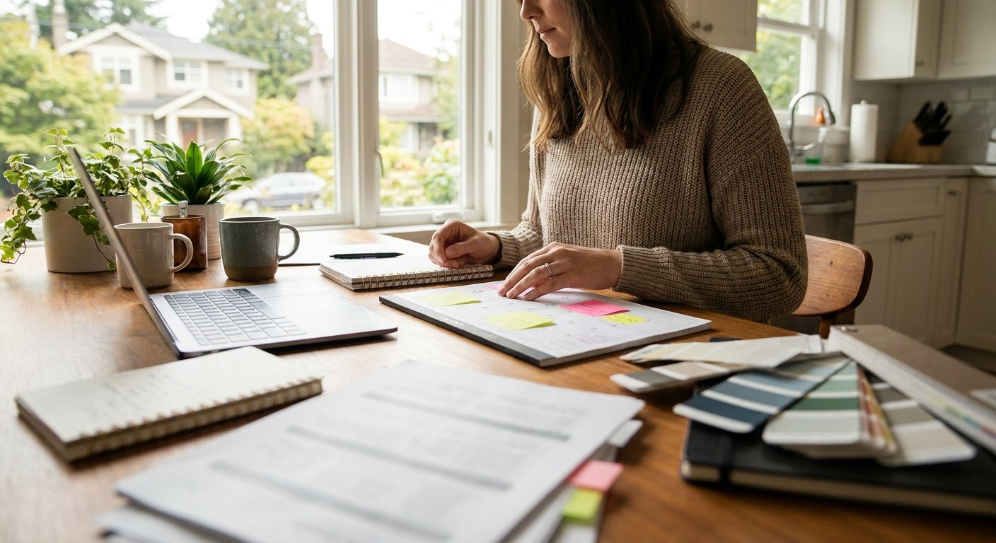A homeowner planning a renovation at a kitchen table with notes and paint swatches, highlighting how early decision-making and clear sequencing can prevent budget overruns, delays, and costly change orders