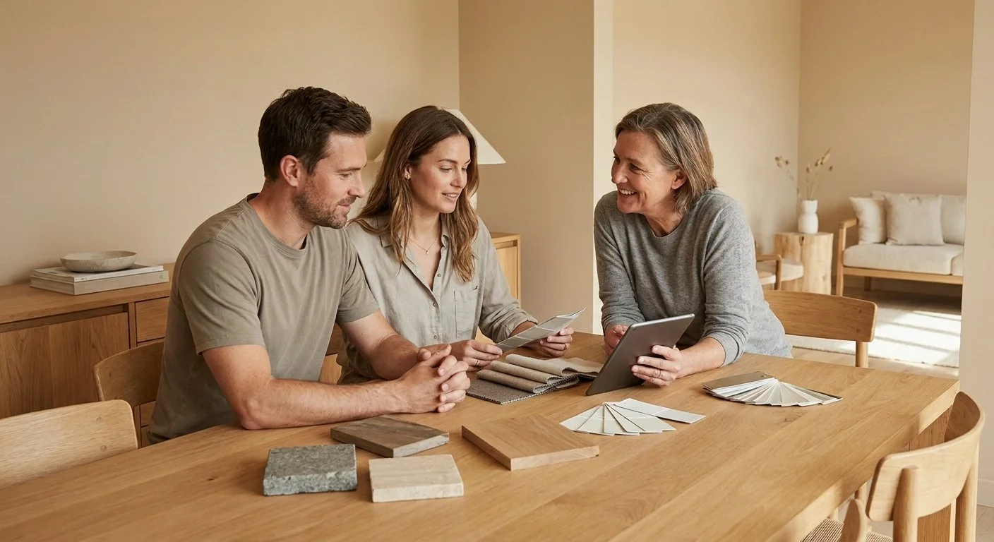 A couple reviews renovation material samples with a designer, showing how guided decision-making reduces overwhelm, prevents decision fatigue, and helps homeowners choose confidently during a remodel