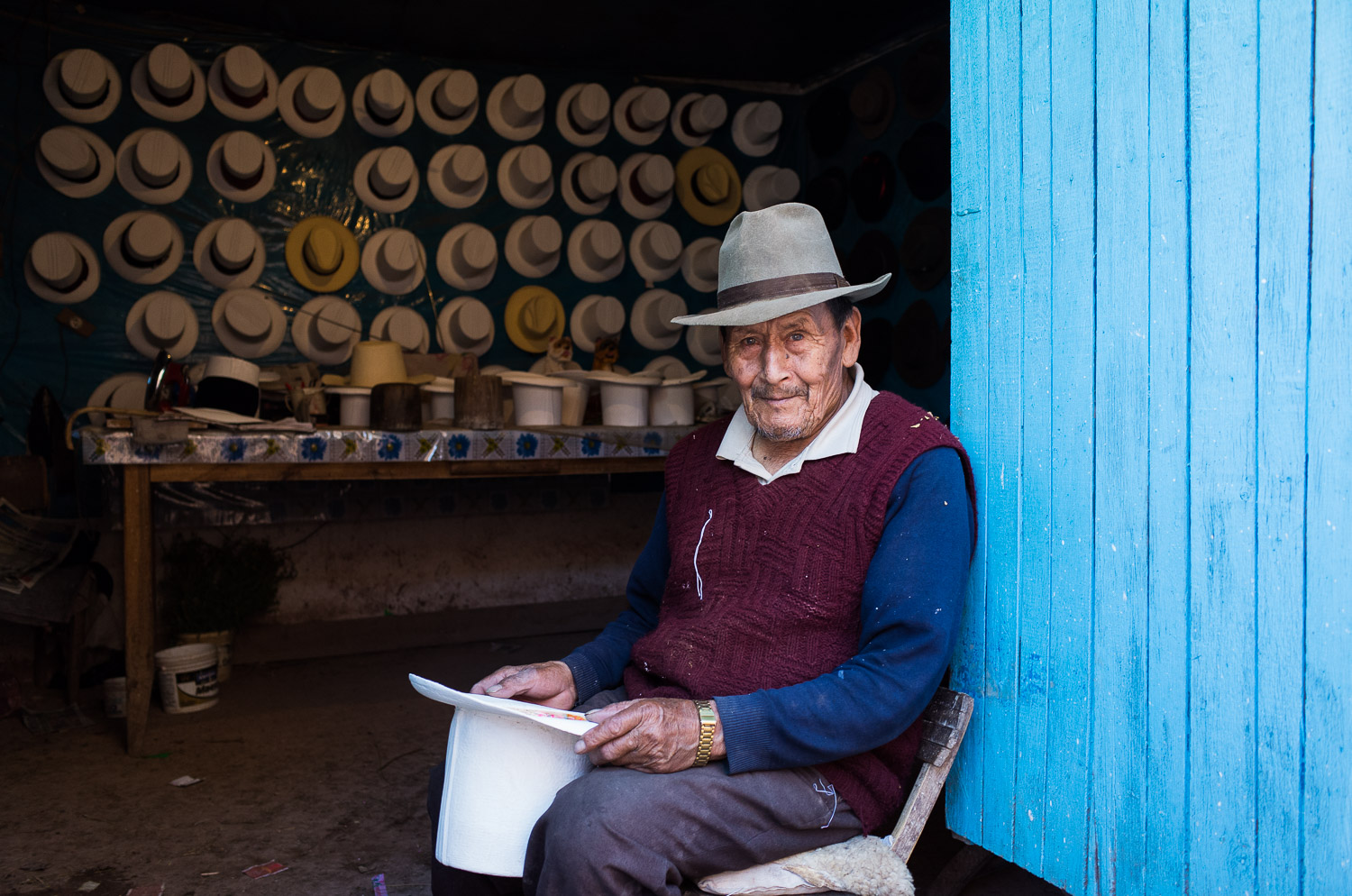  Teodosio Argandaño Caviedes, traditional hat maker of four decades, Peruvian Andes. 