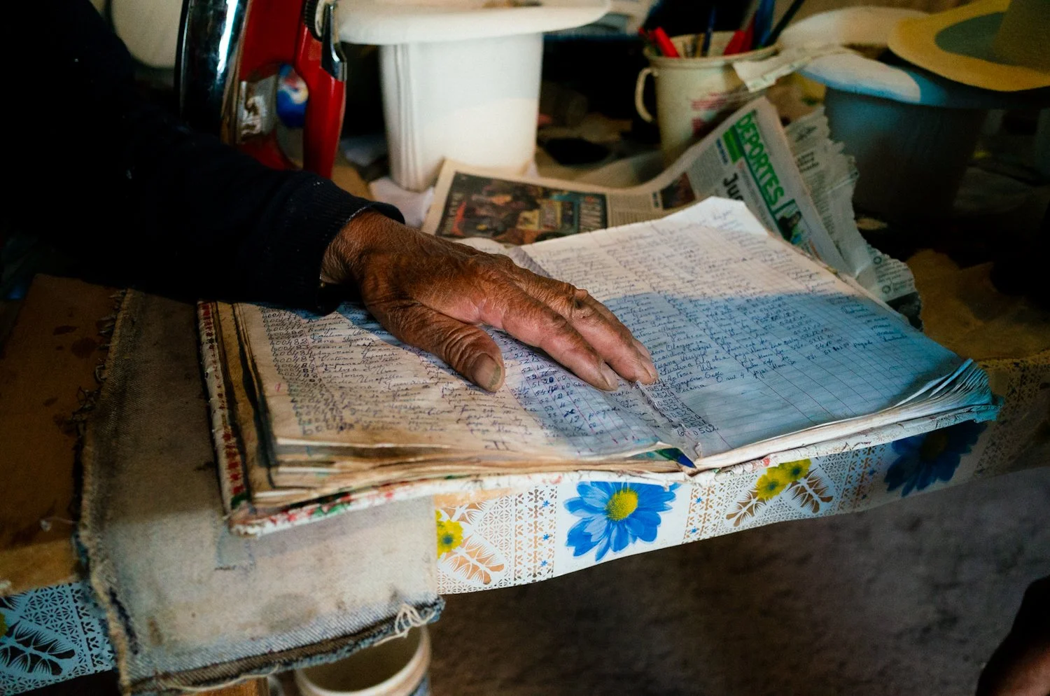  A log of hats hand-crafted by Teodosio Argandaño Caviedes, traditional hat maker of four decades, Peruvian Andes. 