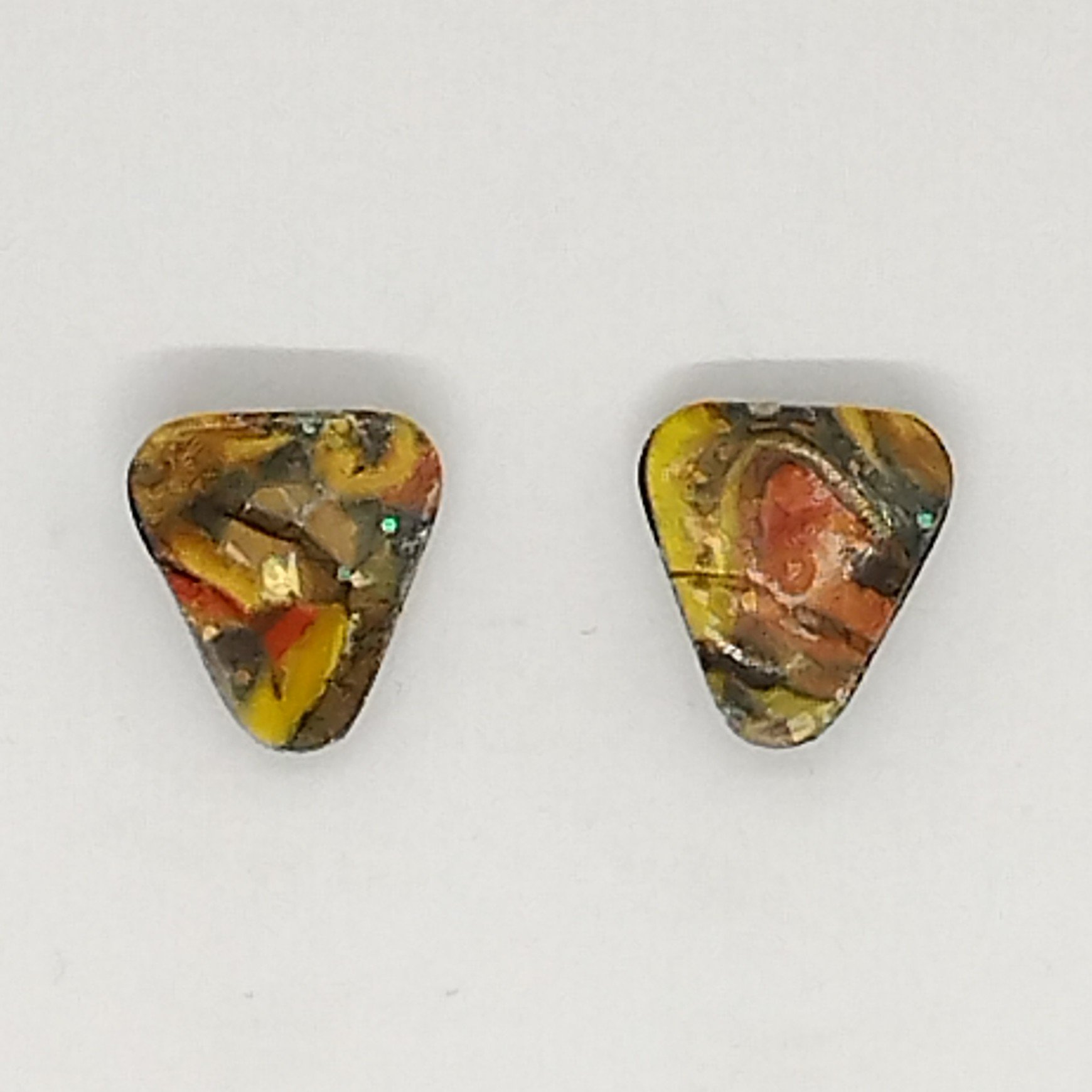 brown triangle shape patterned polymer clay stud earrings