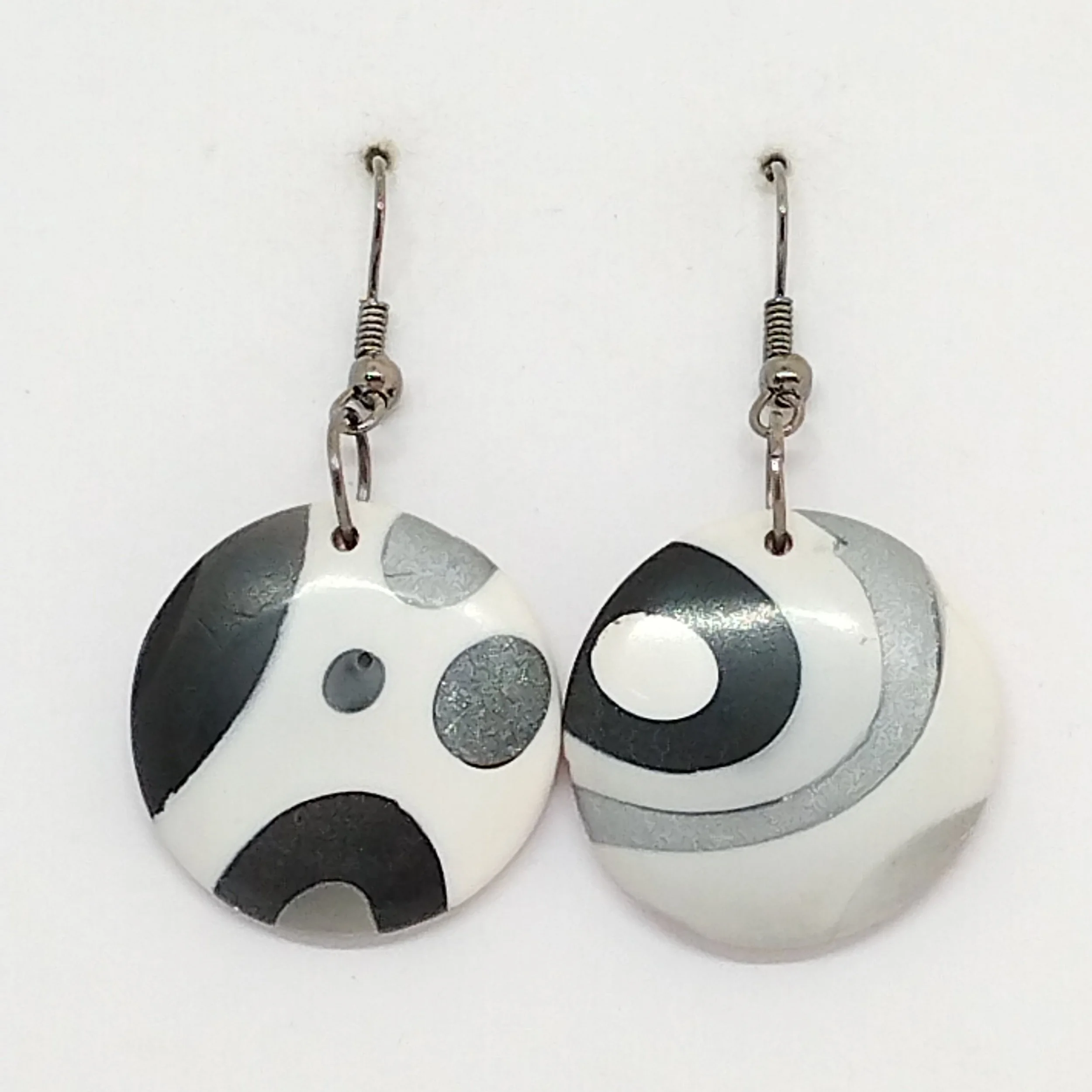 black and white pattern round polymer clay earrings
