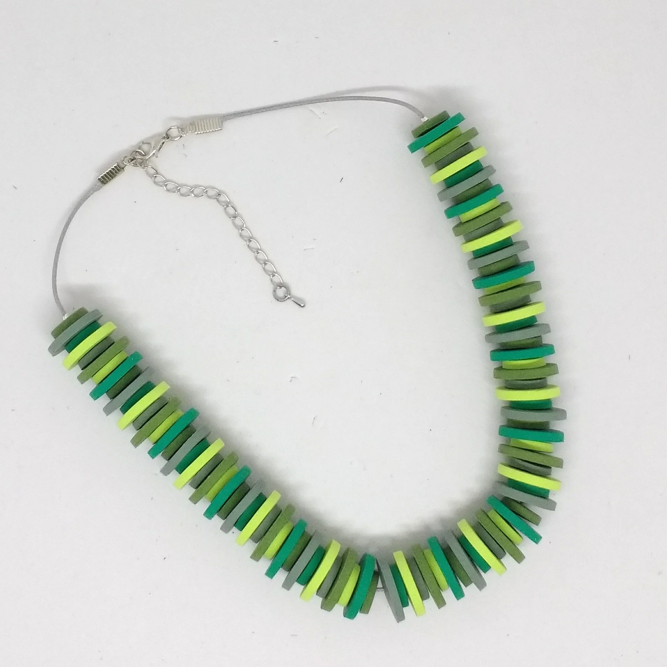 Green shades polymer clay disc bead necklace
