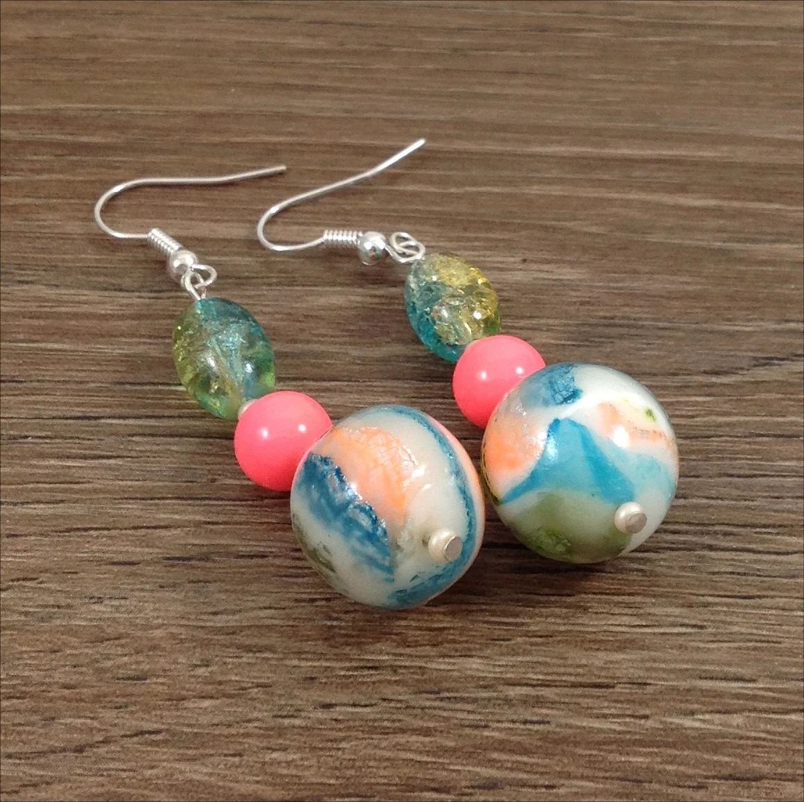 turquoise pink green mokume gane polymer clay bead earrings detail