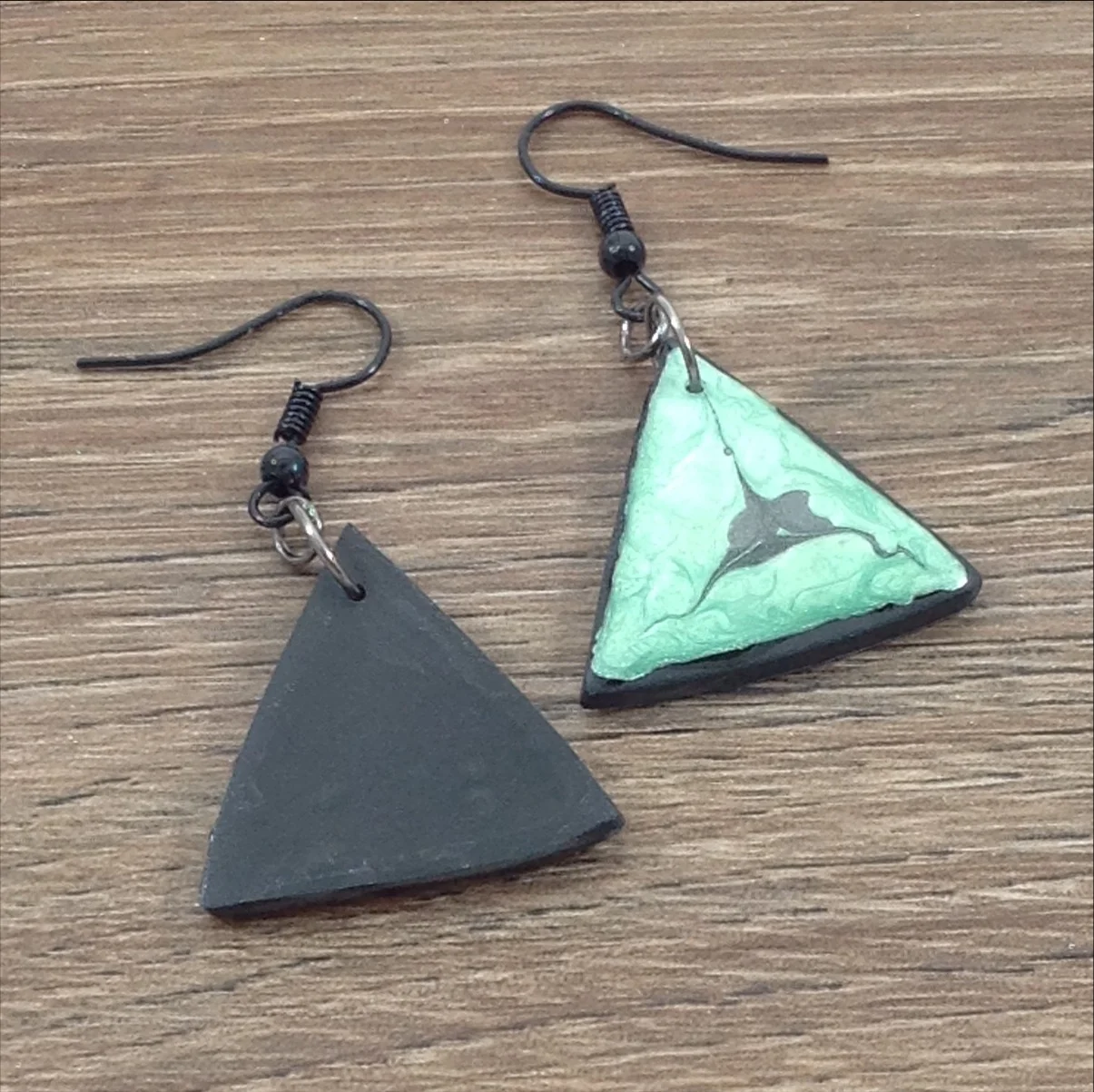 green painted polymer clay triangle shape drop earrings back view