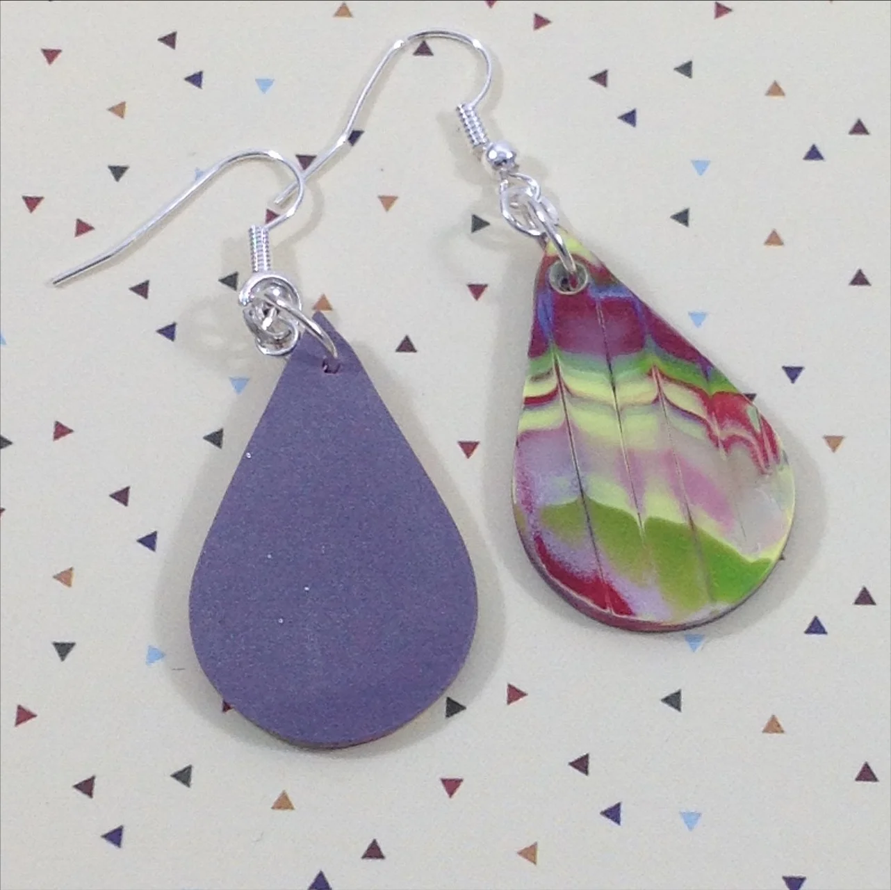 polymer clay feathered design teardrop shape drop earrings back
