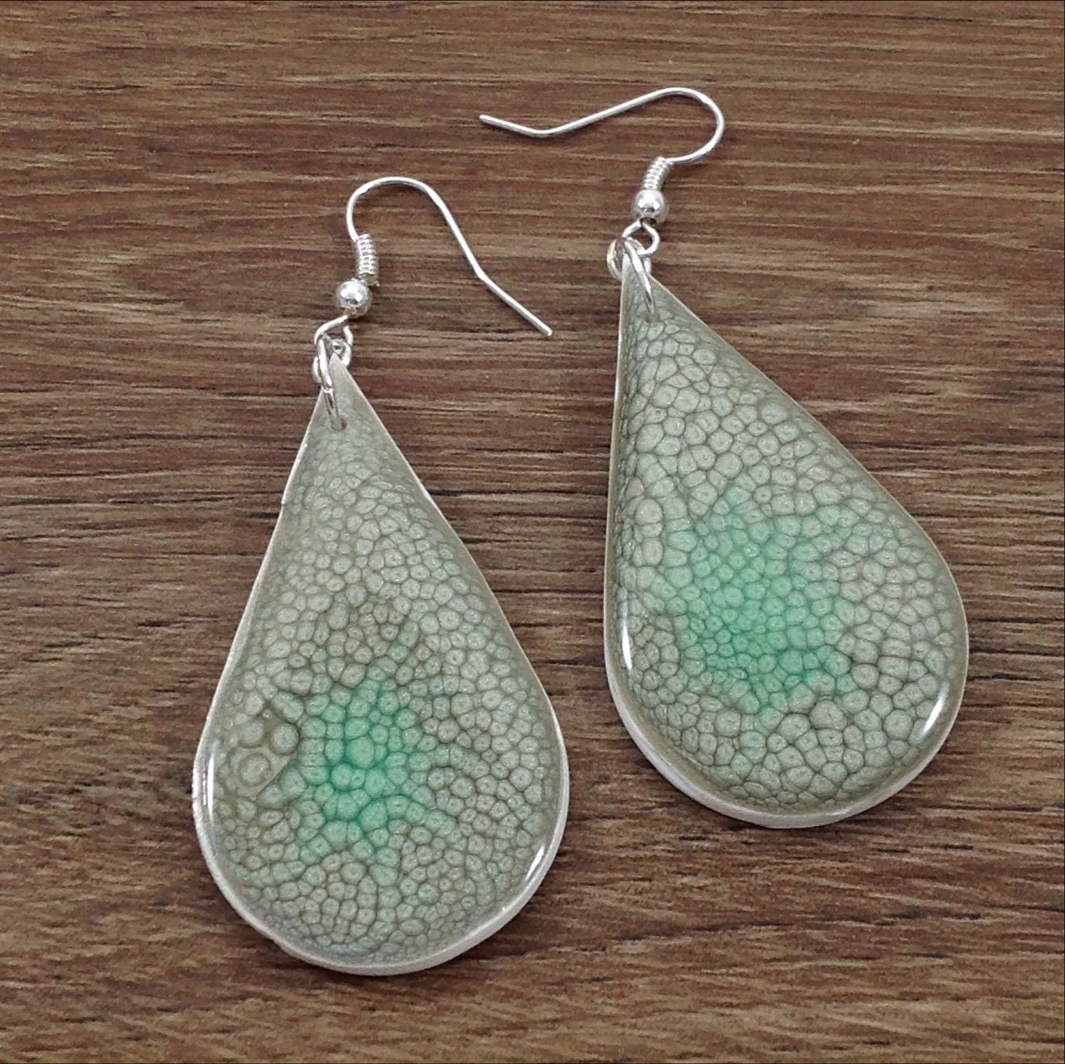grey green painted polymer clay teardrop shape earrings