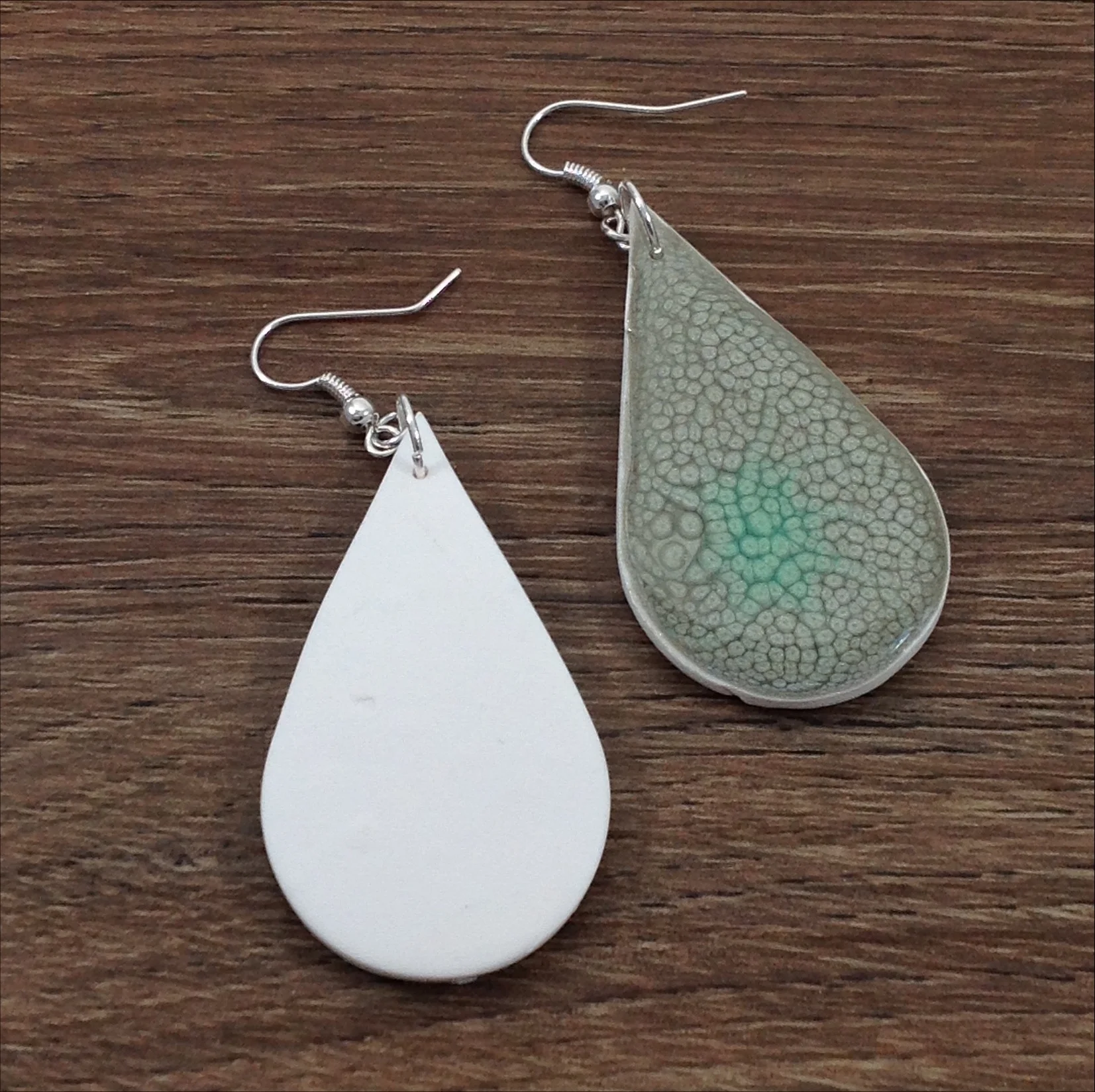 grey green painted polymer clay teardrop shape earrings back