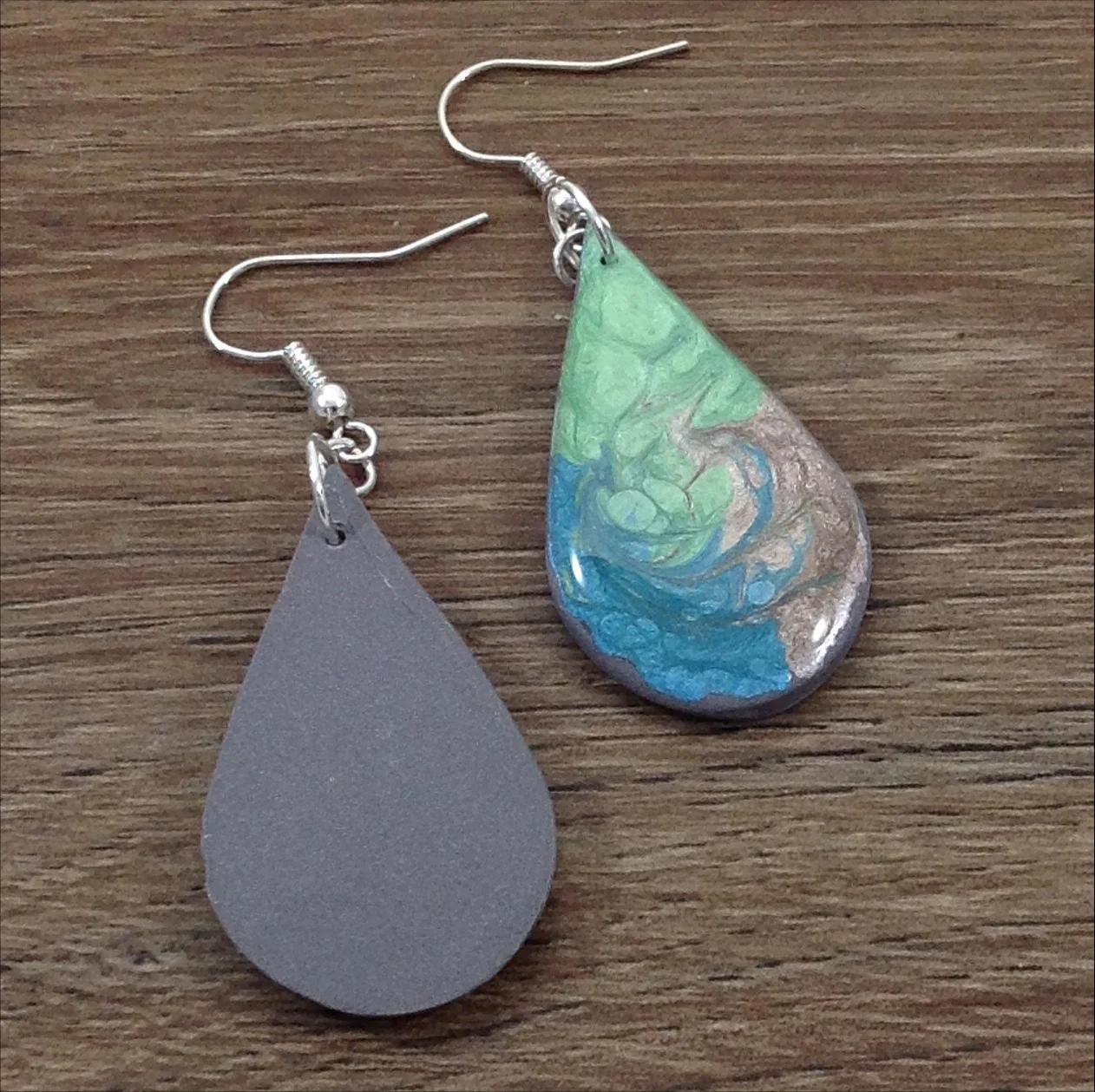 green pink blue painted polymer clay teardrop earring back view