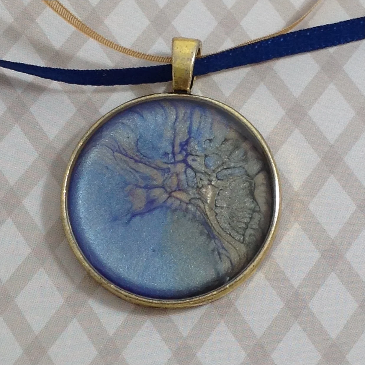 blue gold pebeo painted round pendant on ribbon