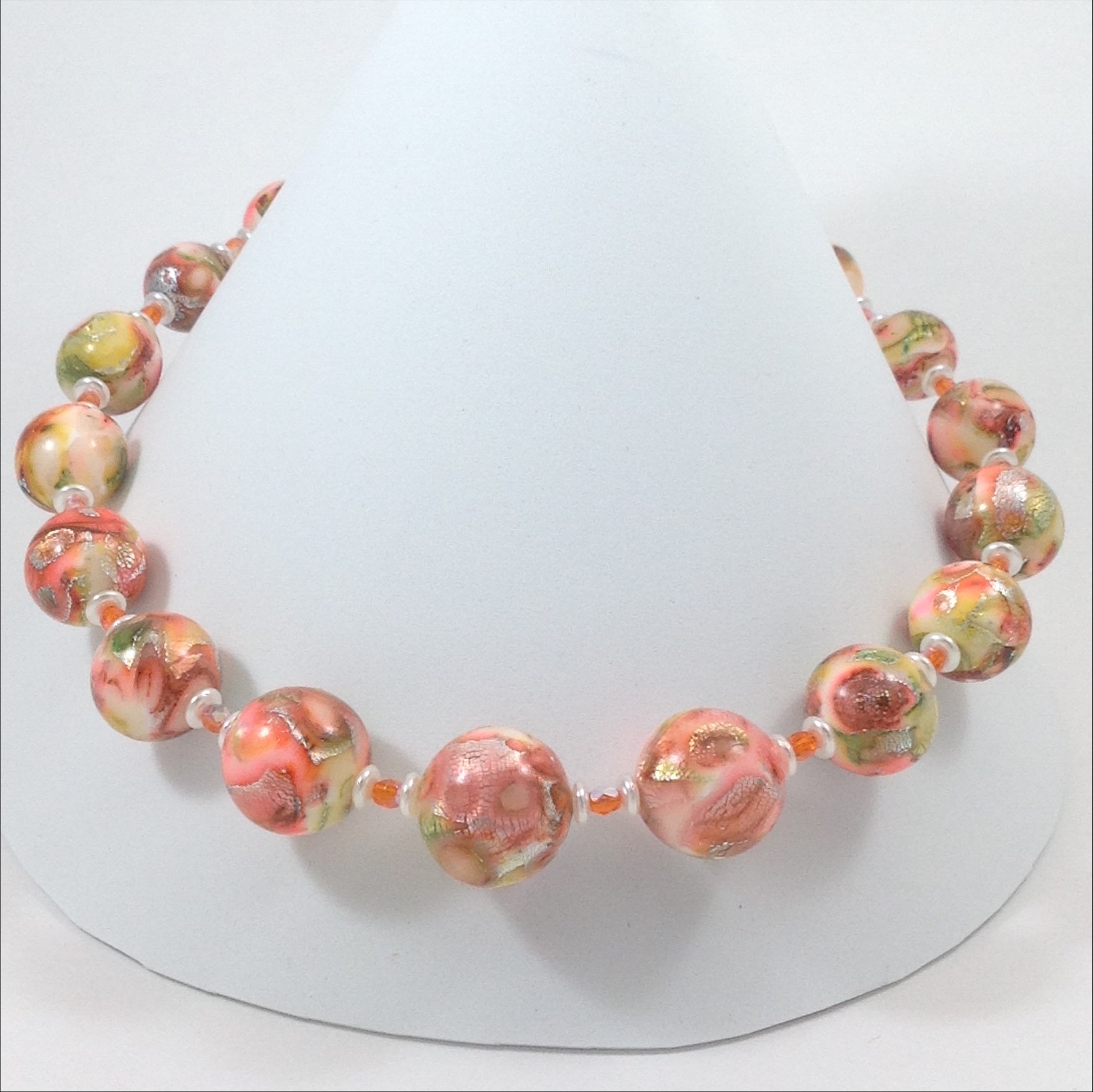 orange pink mokume gane polymer clay bead short necklace