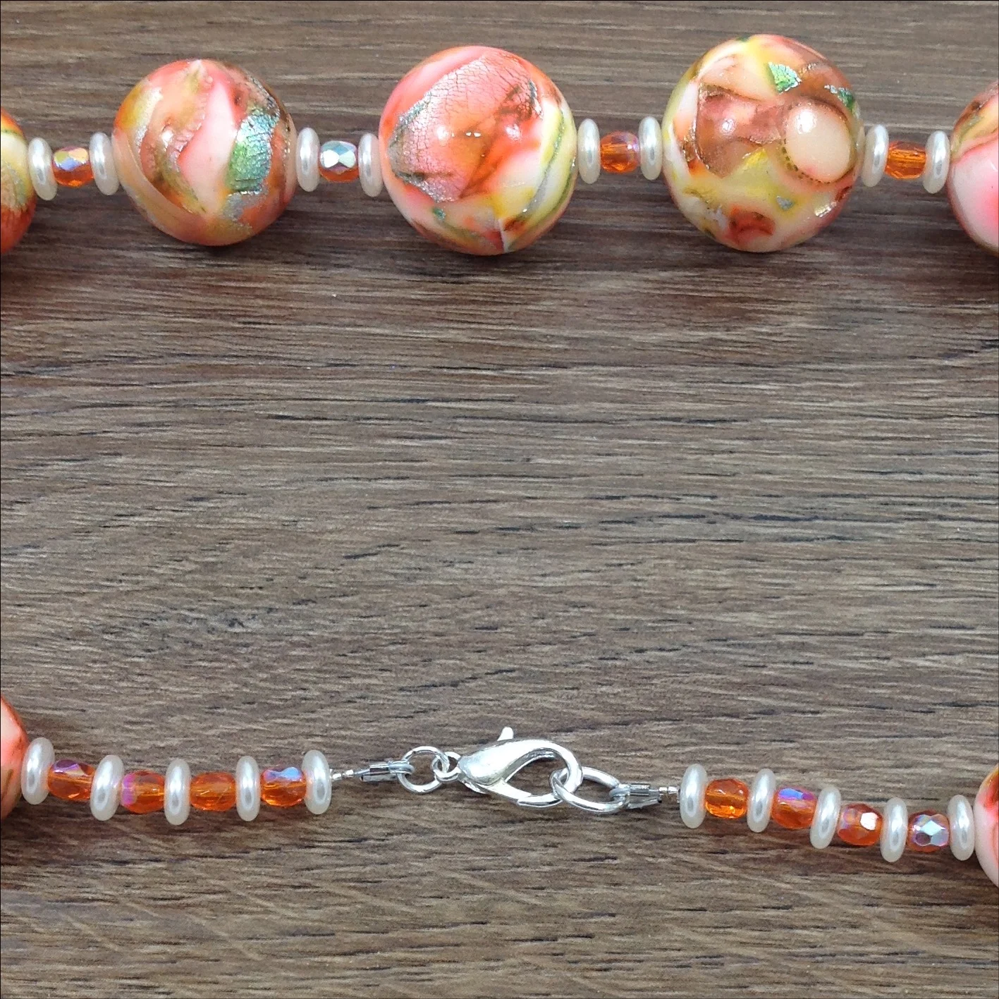 orange pink mokume gane polymer clay bead short necklace back detail