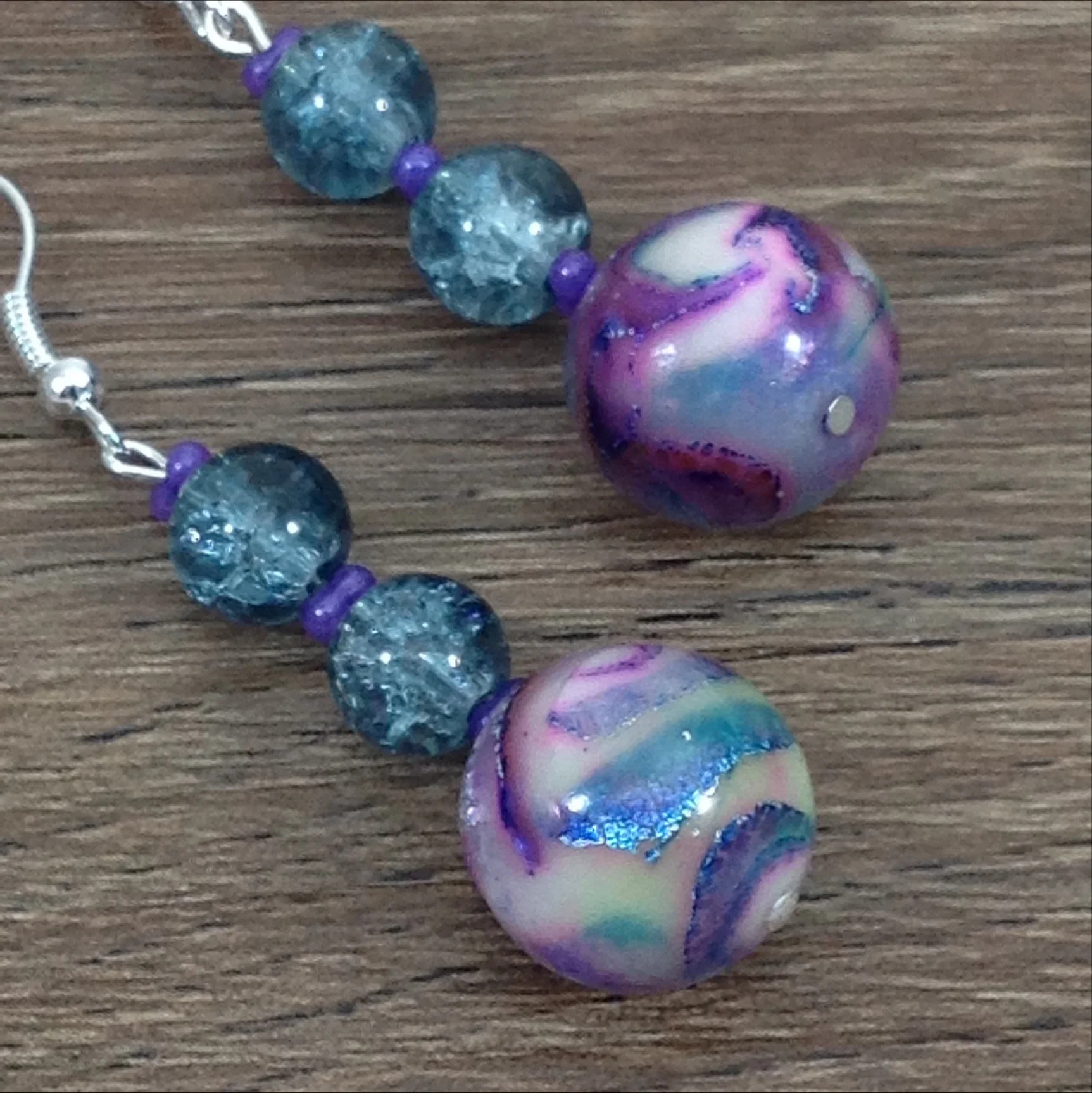 purple green mokume gane polymer clay bead earrings detail
