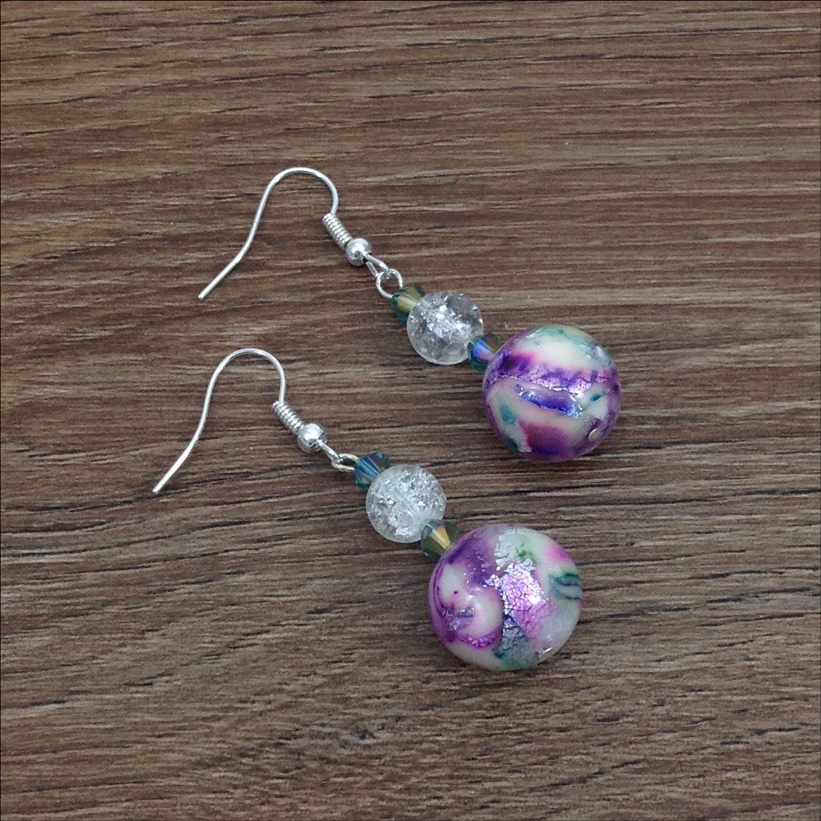 purple green mokume gane polymer clay bead earrings