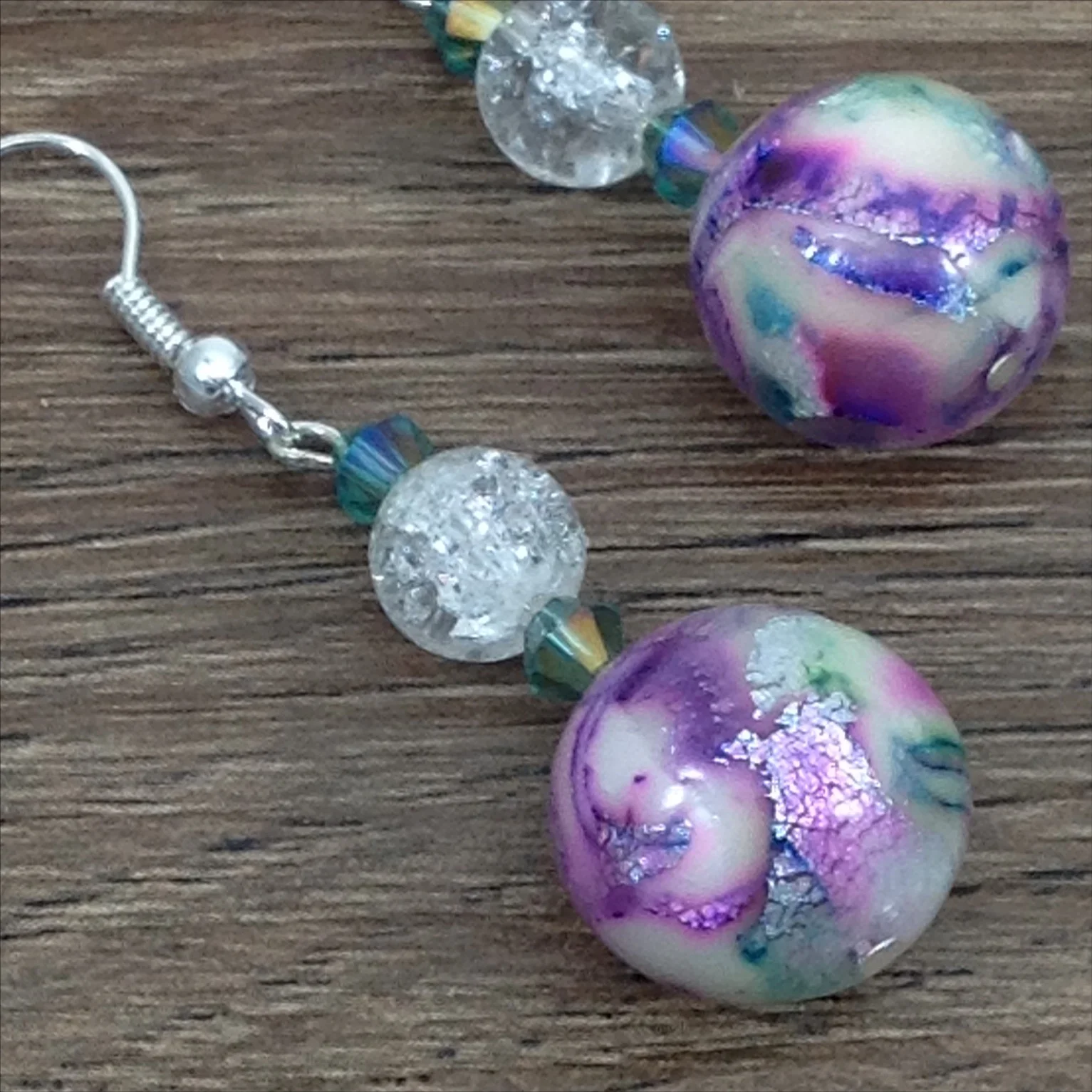 purple green mokume gane polymer clay bead earrings detail
