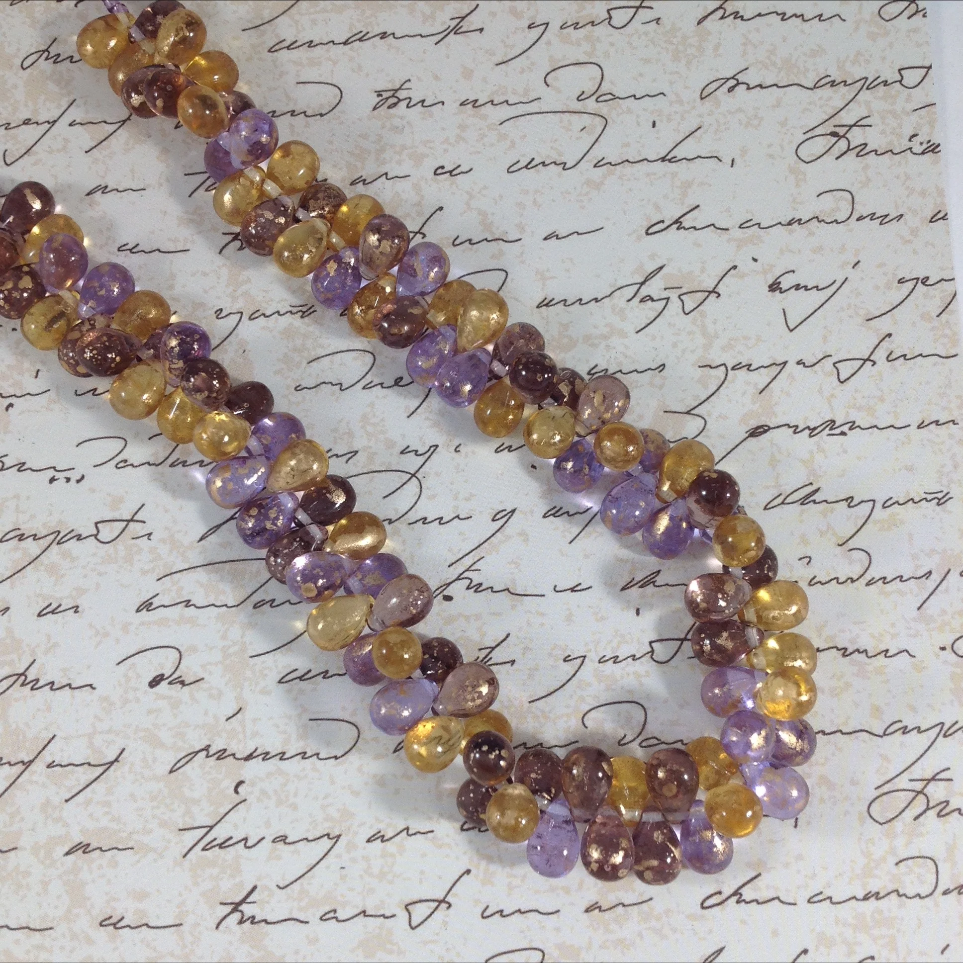 lilac and yellow glass drop bead short necklace closeup