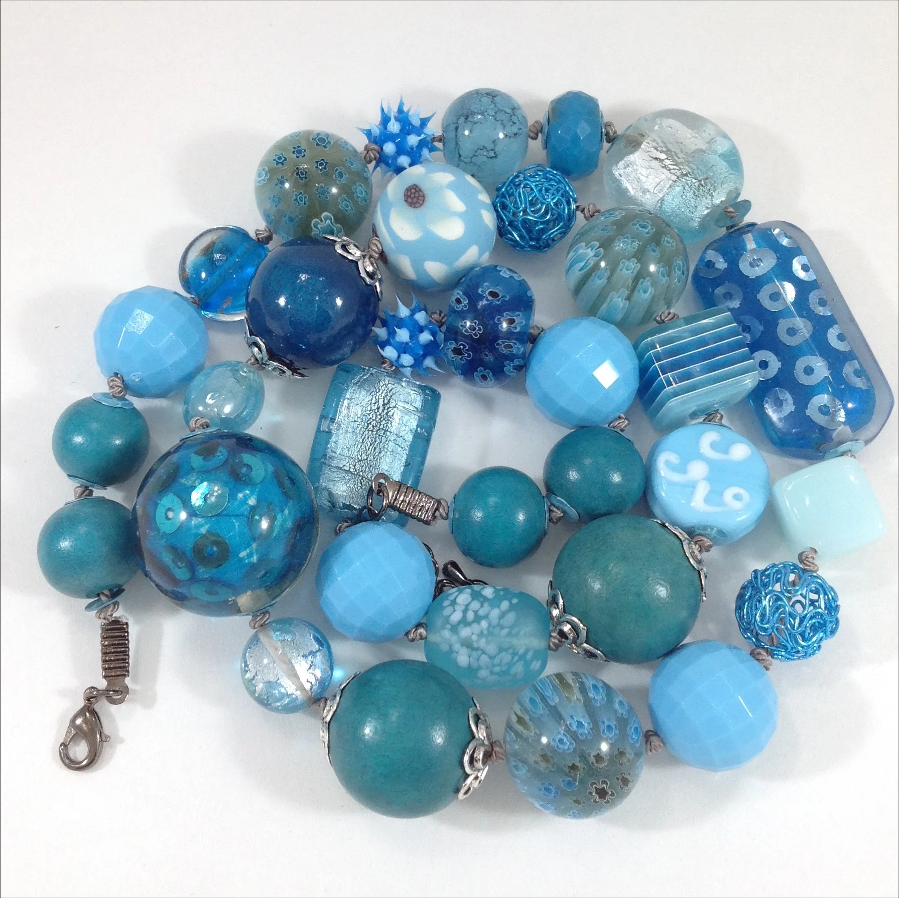 turquoise colour mixed bead hand knotted long necklace
