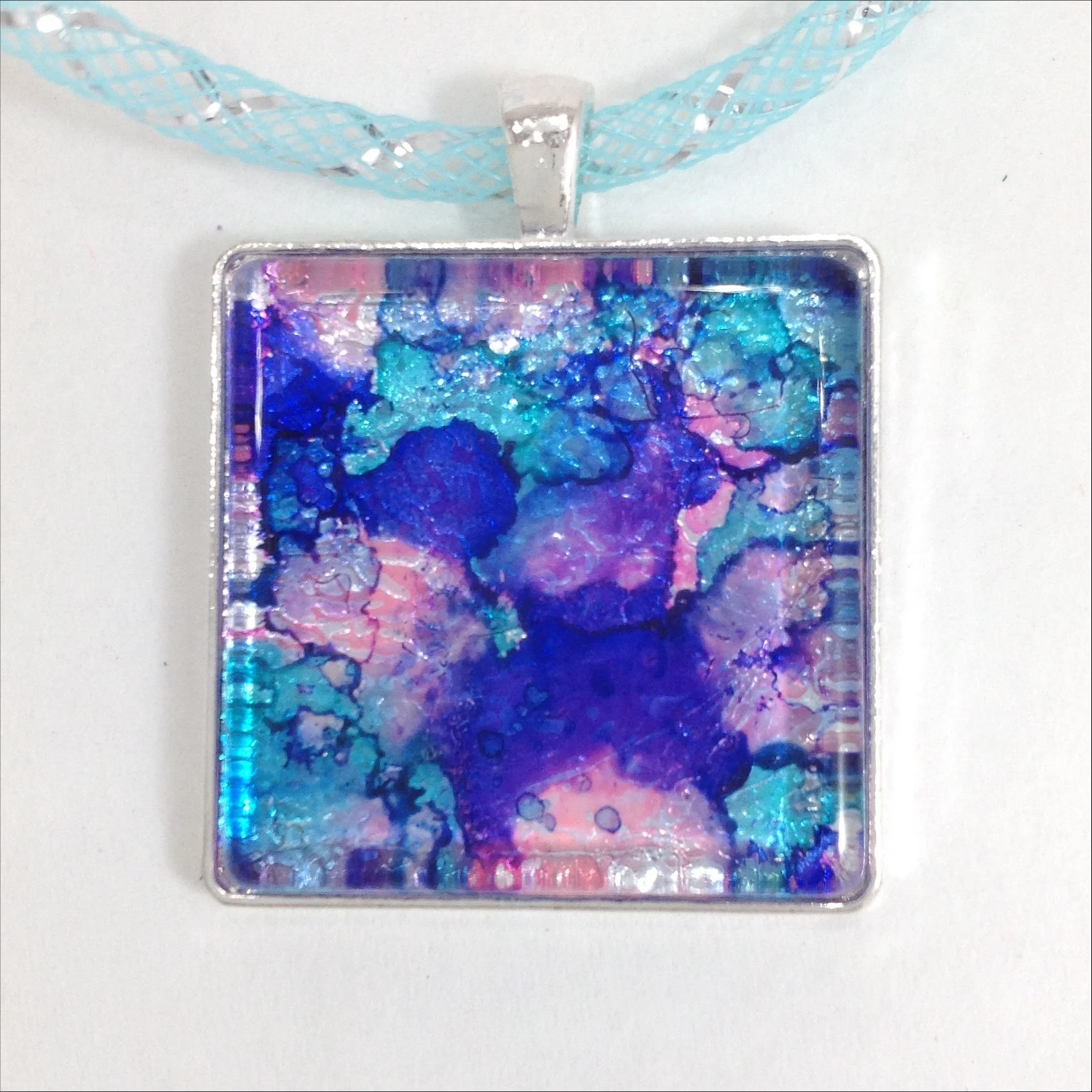 alcohol ink square pendant blue