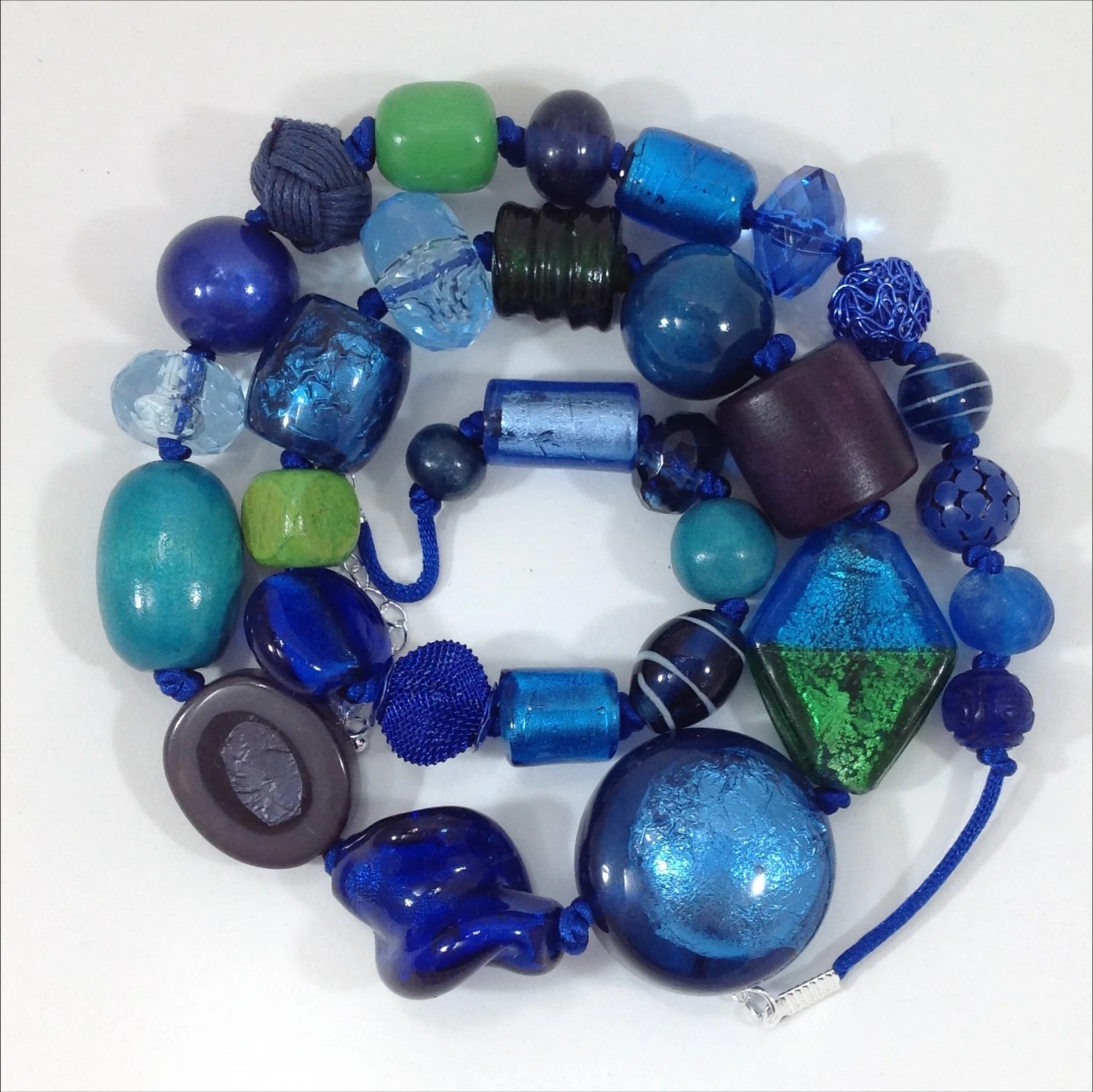blue mixed bead hand knotted long necklace