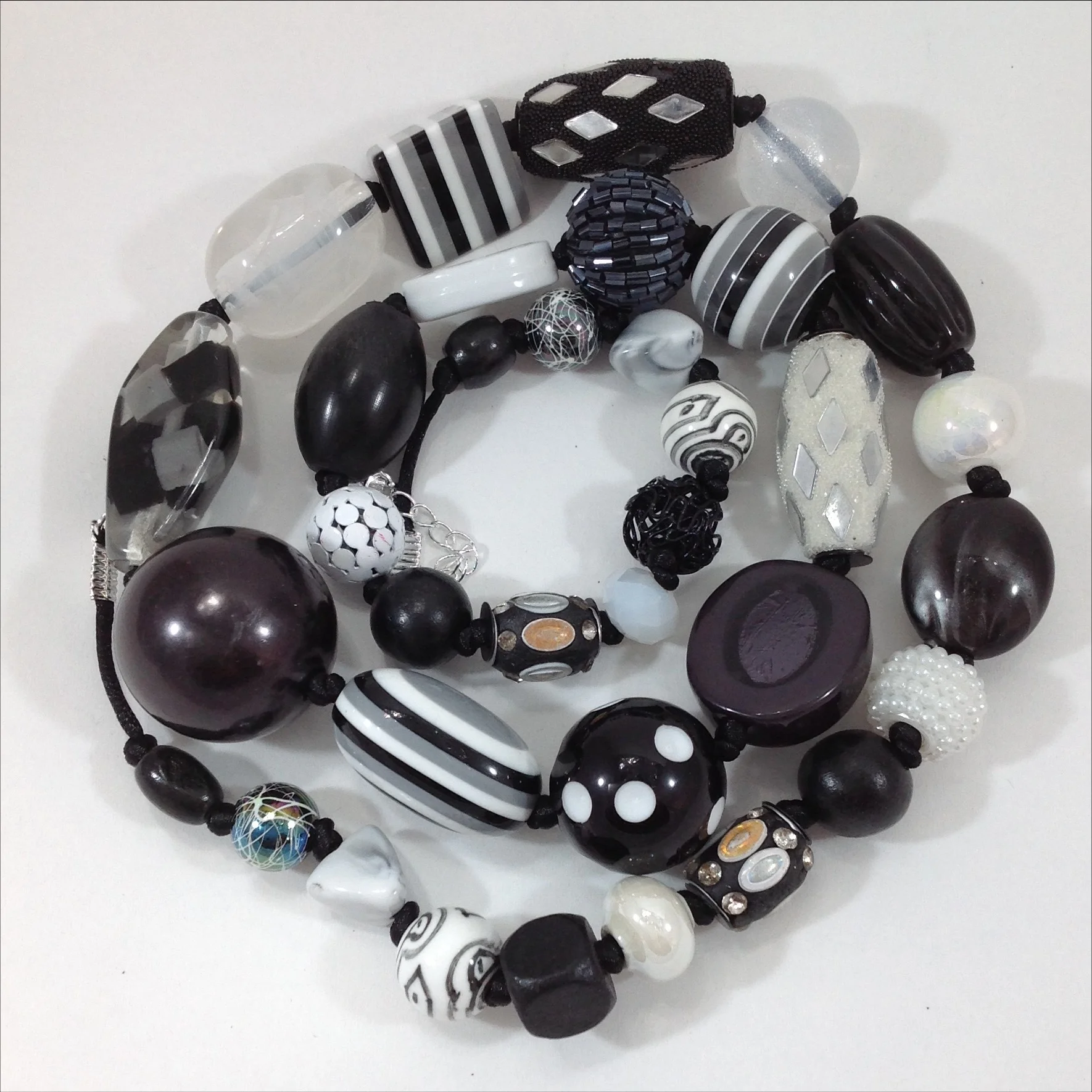 black white mixed bead hand knotted long necklace