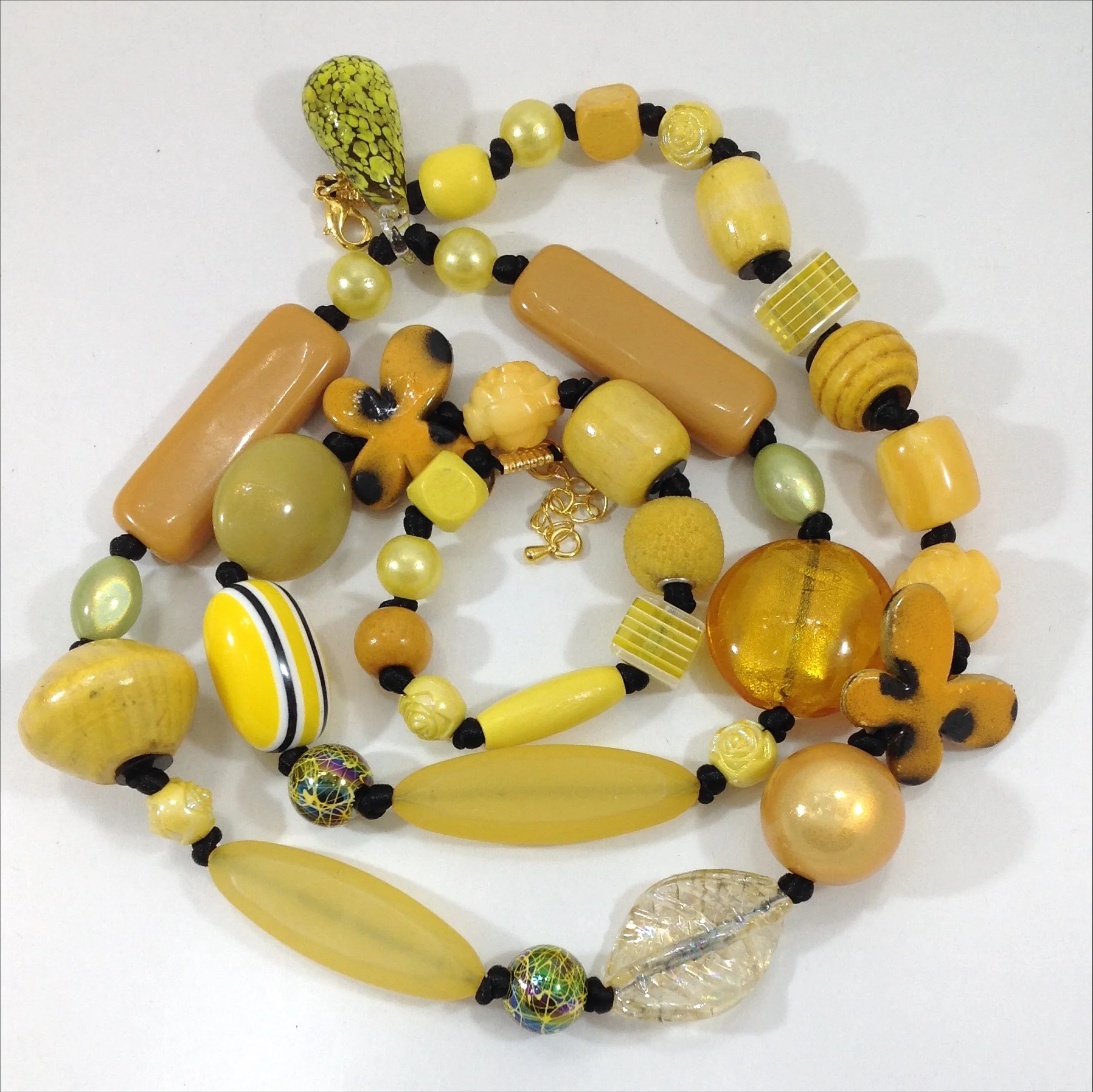 yellow mixed bead hand knotted long necklace