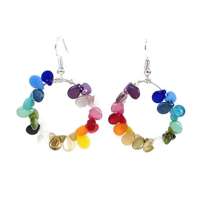 rainbow gla ss pip bead hoop earrings hanging