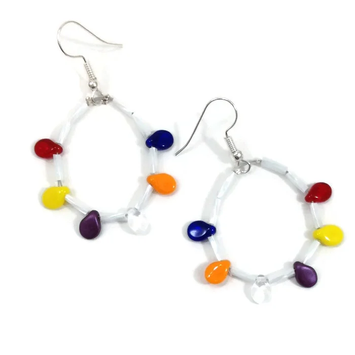 white bugle bead hoop earring