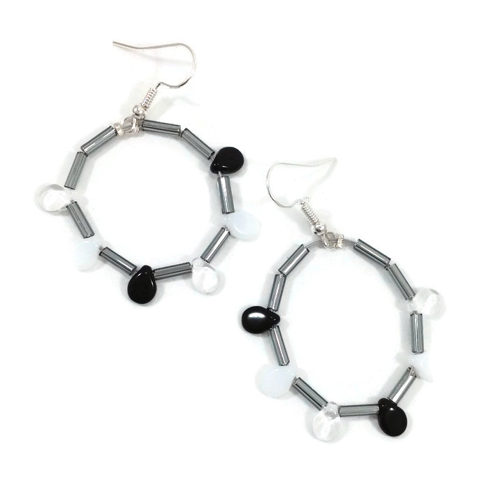 grey bugle bead hoop earring