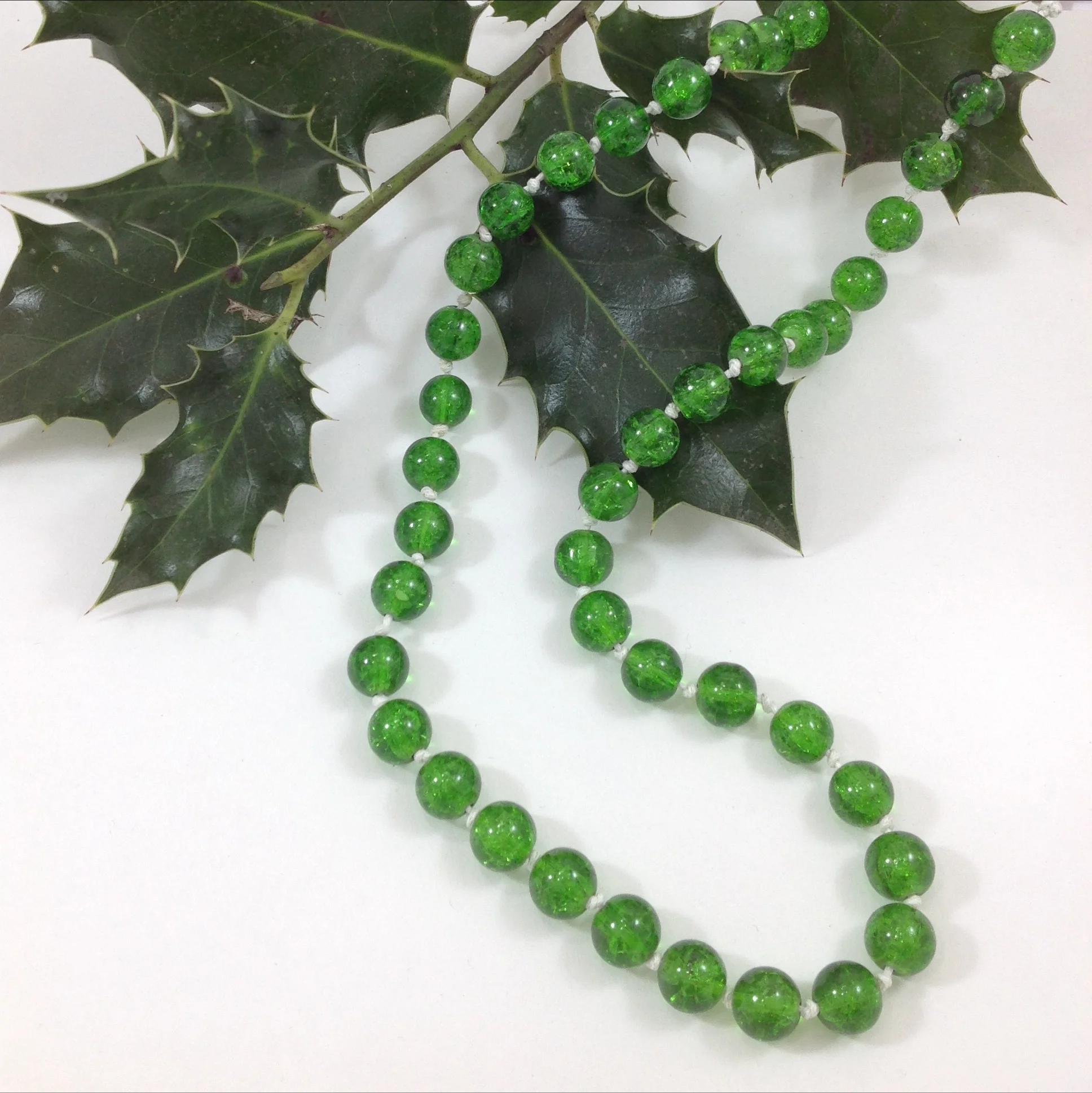 green glass crackle bead hand knotted necklace