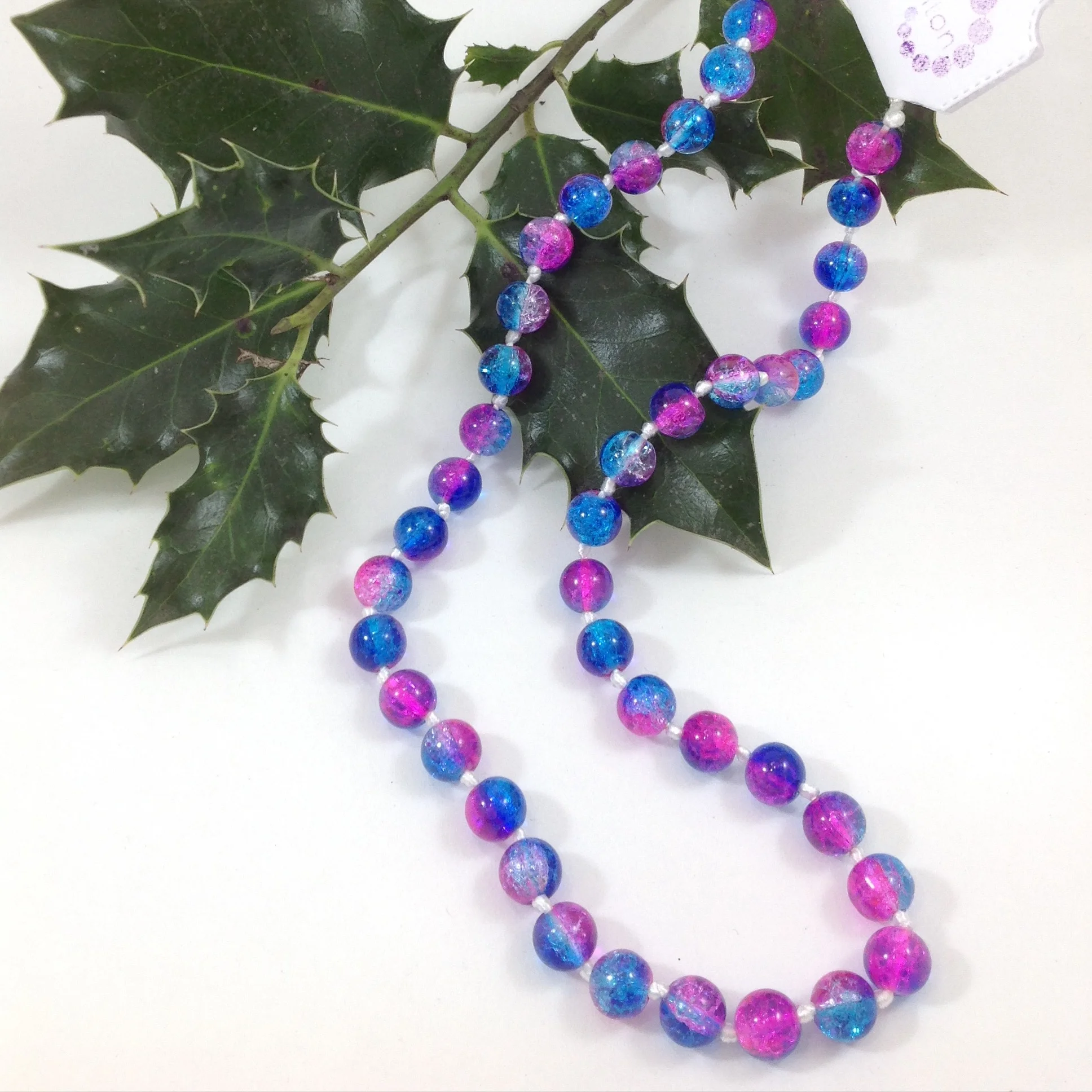 turquoise pink glass crackle bead hand knotted necklace