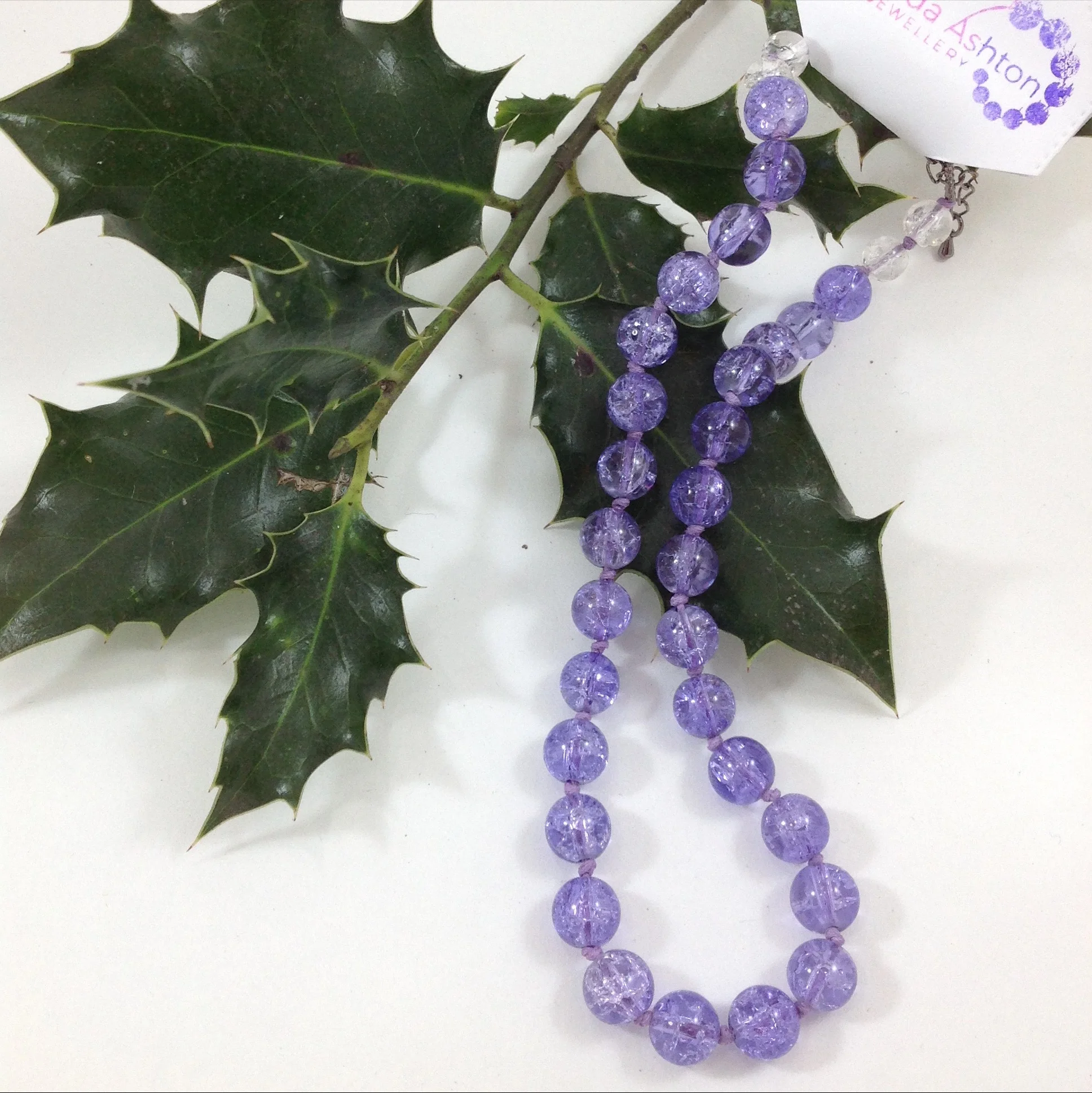 short glass crackle bead necklace purple