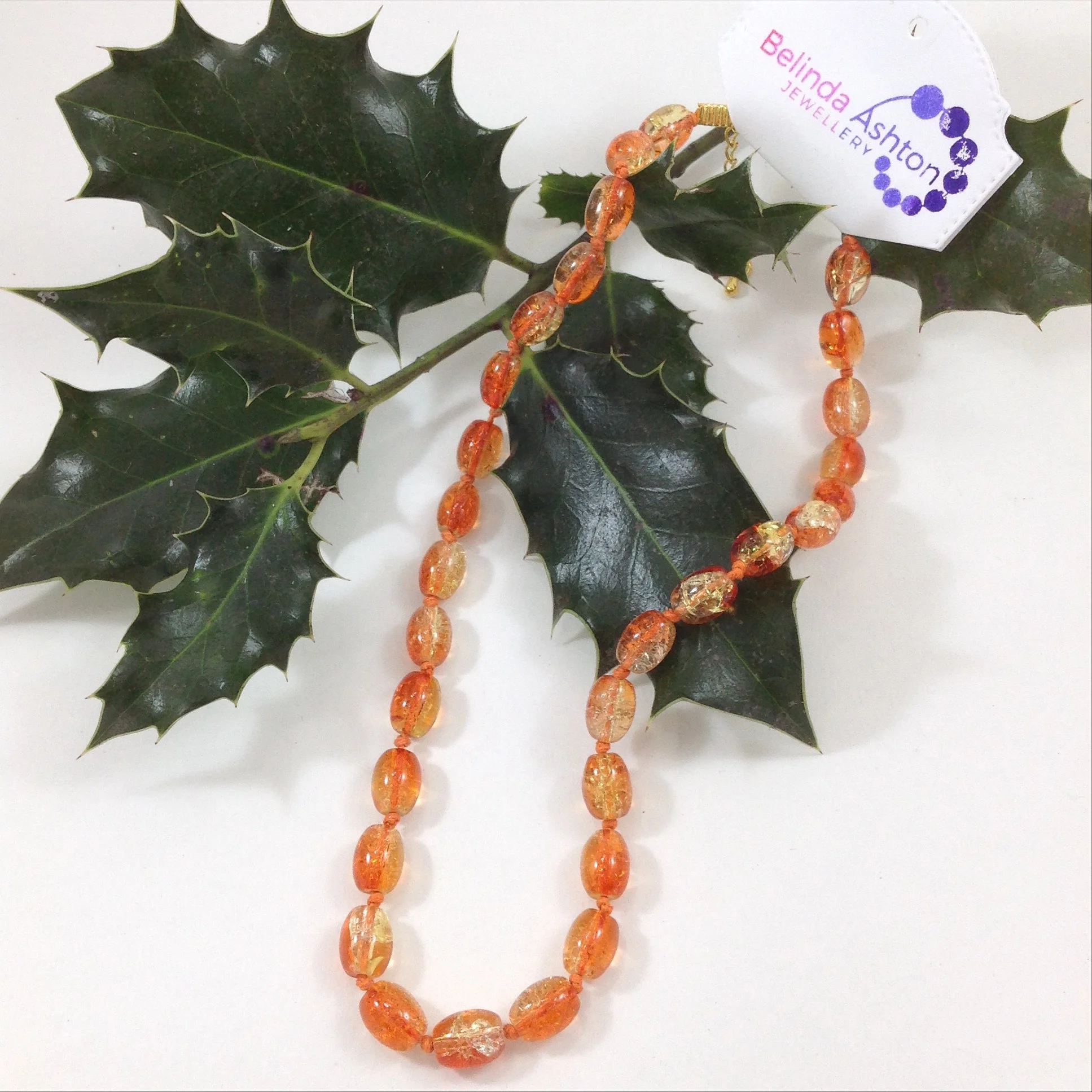short glass crackle bead necklace orange oval