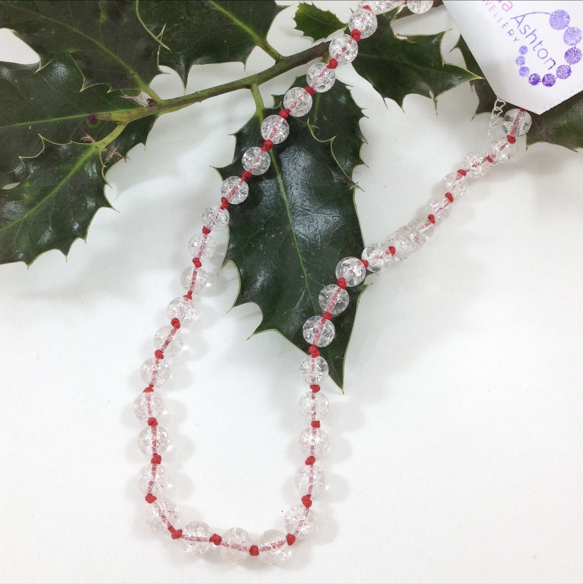 short glass crackle bead necklace clear red thread