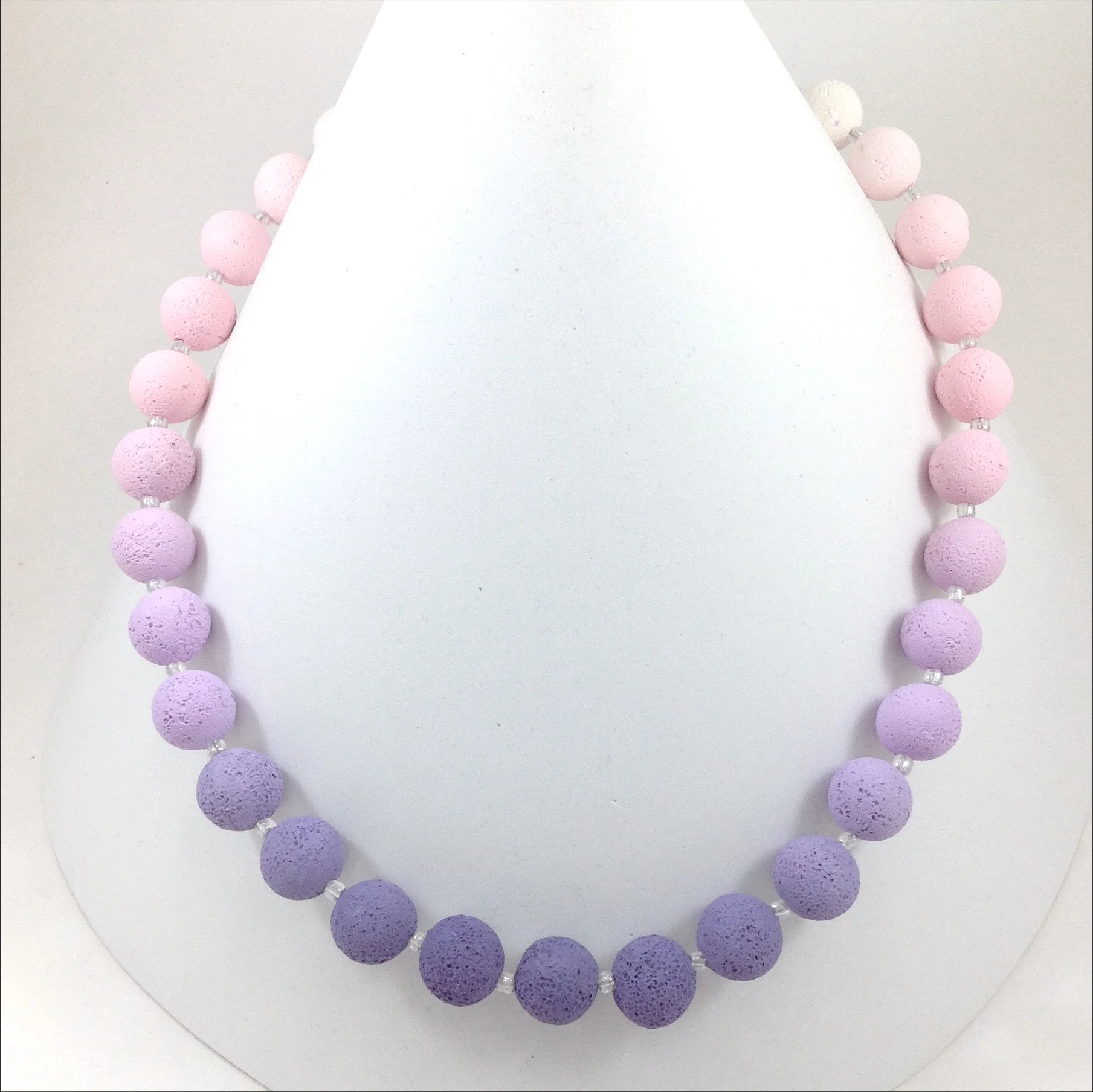 purple pink white gradient colour textured polymer clay round bead necklace on stand