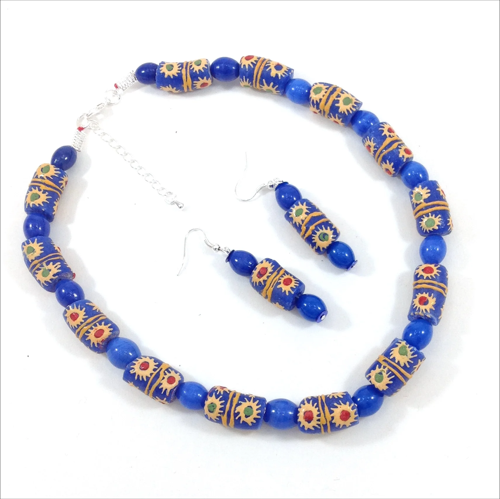 blue with yellow flower krobe glass bead necklace and earringsfrom Ghana
