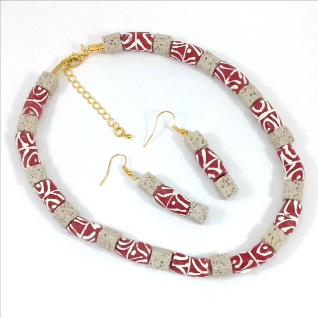 red white design krobe glass bead Ghana necklace and earring