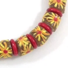 brown yellow flower design glass bead krobe Ghana necklace detail