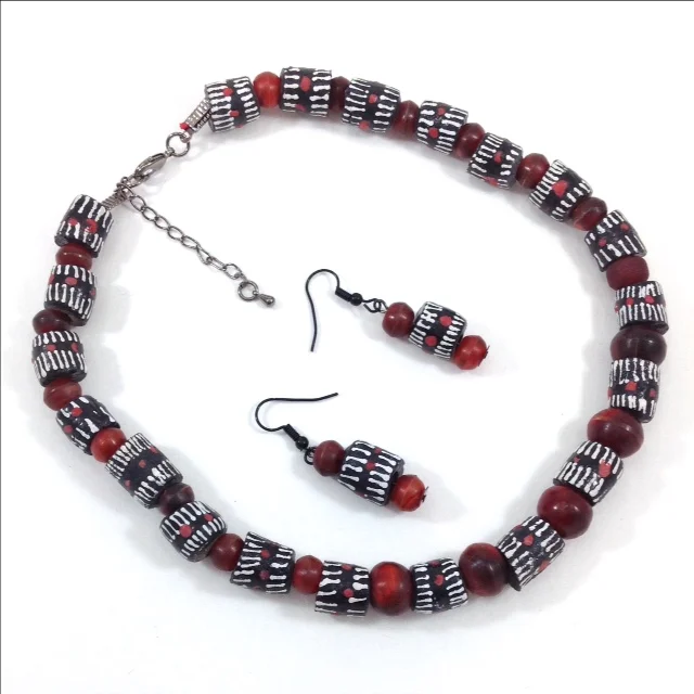 black white stripe design krobe glass bead Ghana necklace and earrings