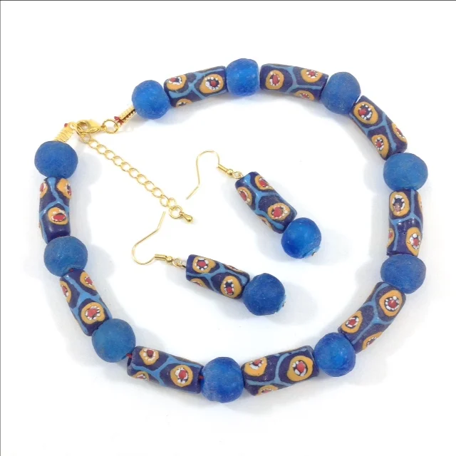 blue yellow dots design krobo glass bead Ghana necklace and earrings