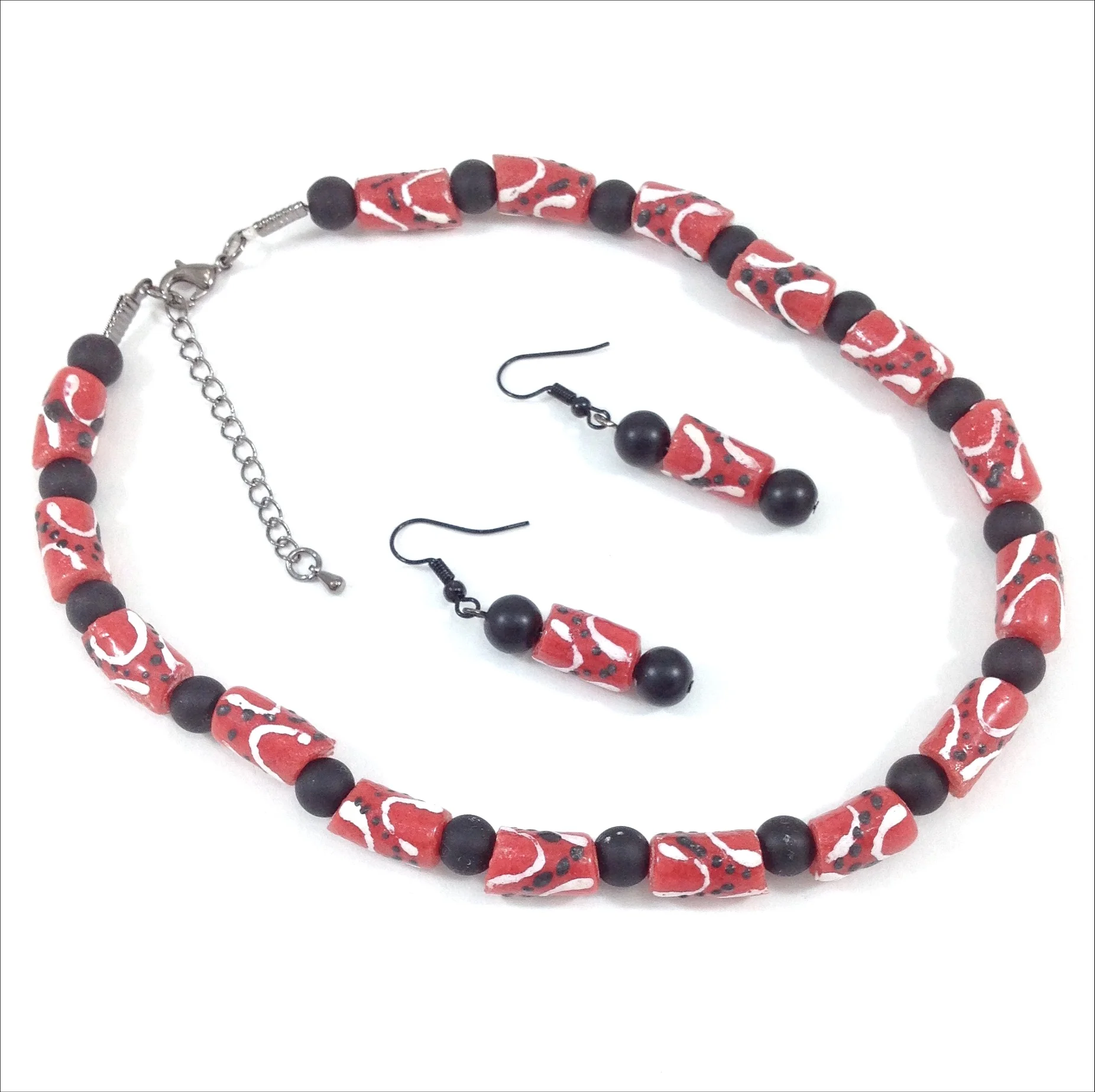 red black dot design krobo glass bead Ghana necklace and earrings
